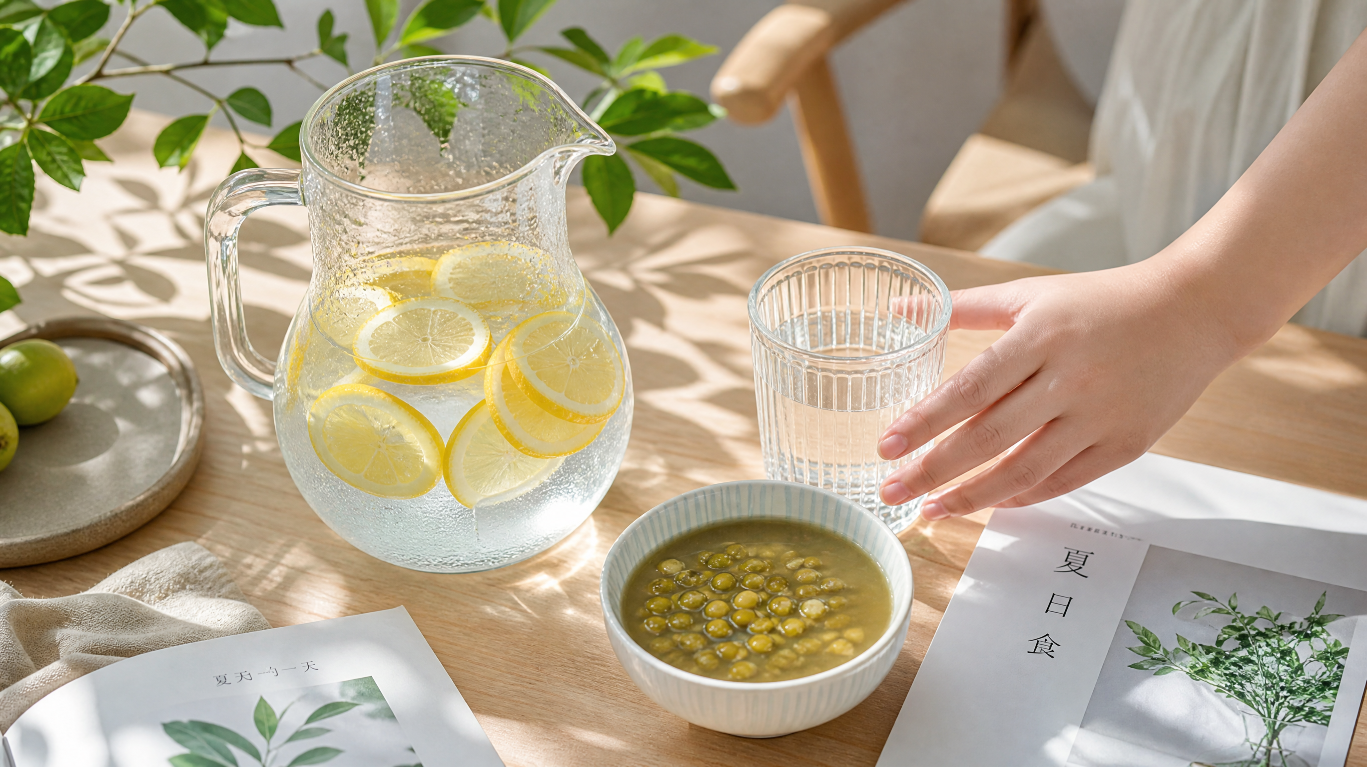 A beautiful flat lay photography of healthy summer drinks on a light wooden table. A glass pitcher of pure water with fresh lemon slices, and a small cute ceramic bowl of green bean soup. A young Chinese pregnant woman's hand is gently reaching for the water glass. Bright and refreshing summer vibe, soft sunlight filtering through leaves, highly detailed, food photography style, 8k, photorealistic.