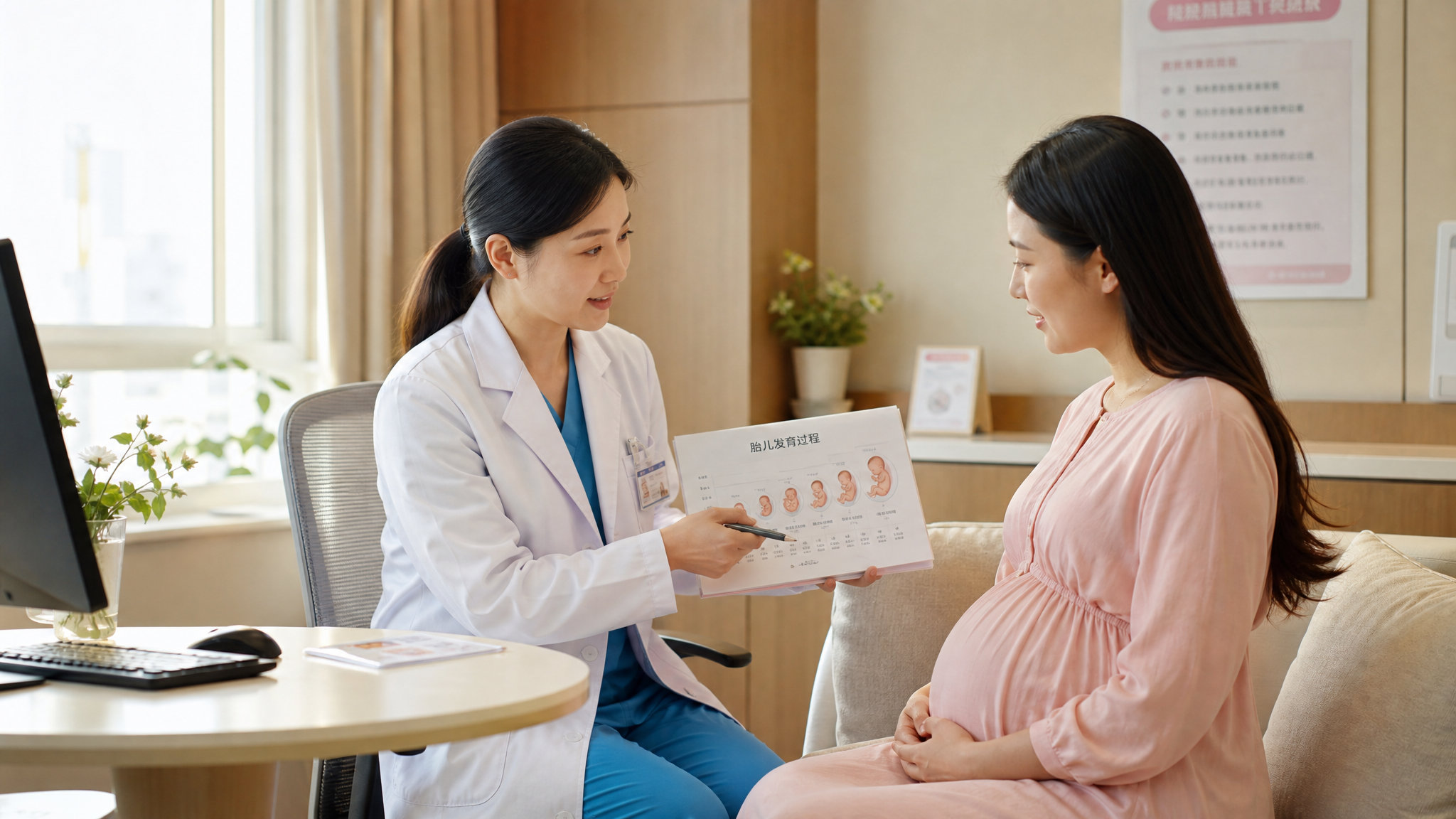 A professional and friendly Chinese female obstetrician in a white coat, gently explaining a medical chart to a young Chinese pregnant woman in a bright, modern hospital consultation room. Warm sunlight filtering through the window, reassuring atmosphere, realistic photography, high quality, 8k, --ar 3:4