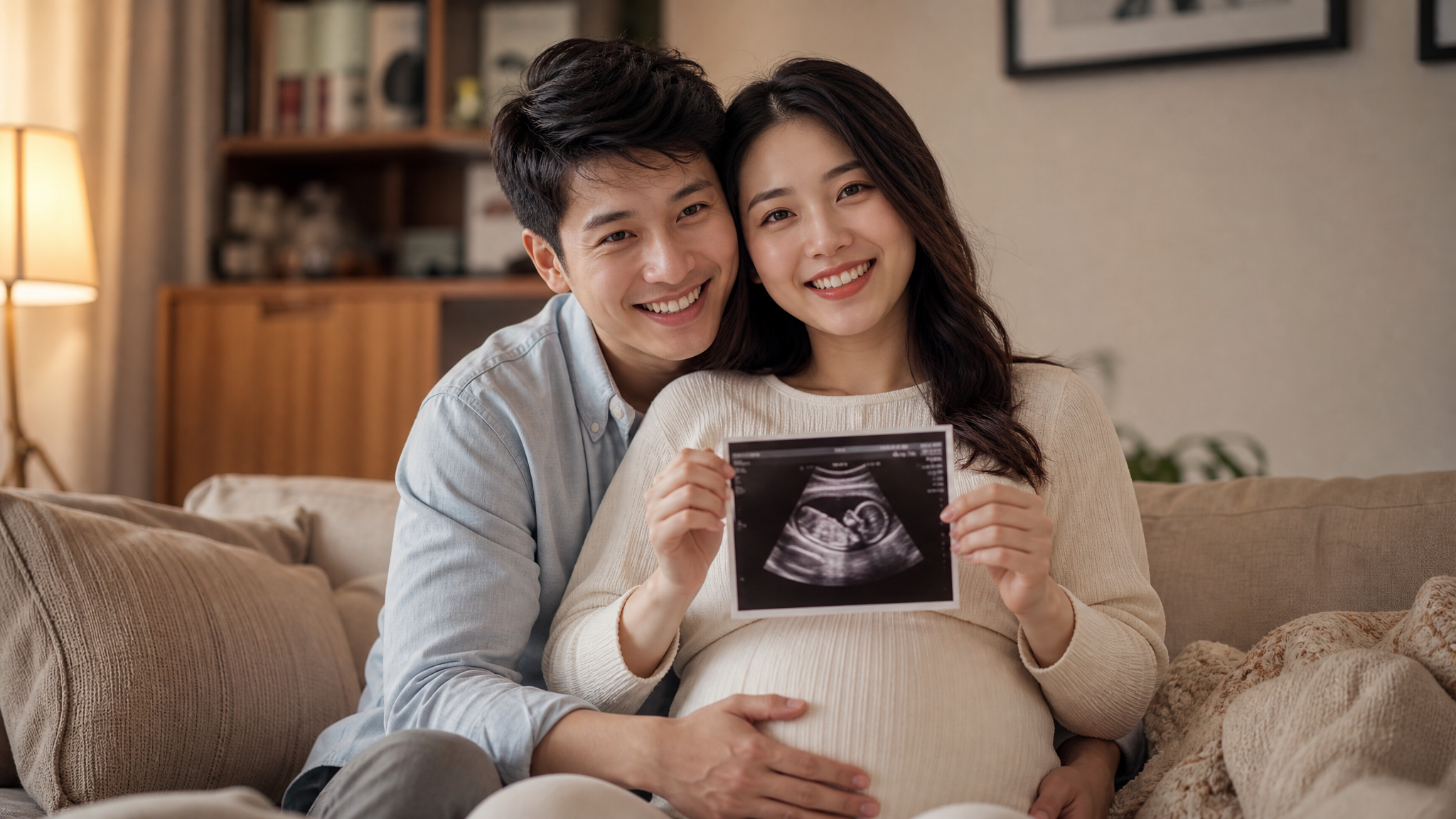 A heartwarming photorealistic image of a young Chinese couple at home. The husband is warmly hugging his pregnant wife, both smiling happily. The wife is holding a sonogram picture. Cozy living room background, warm indoor lighting, emotional connection, highly detailed, 8k resolution, Midjourney v6. --ar 3:4