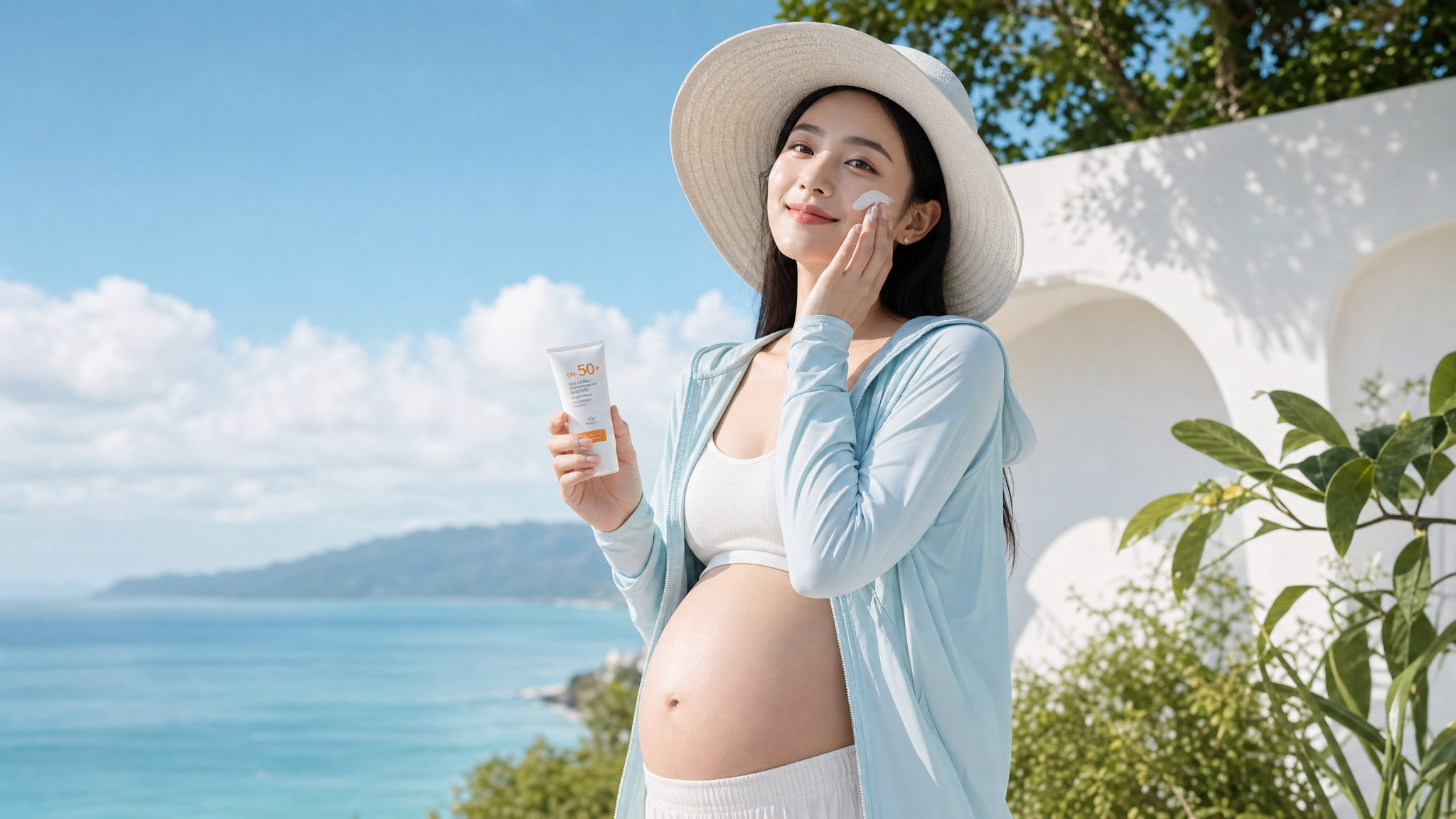 A stylish young Chinese pregnant woman standing outdoors in summer, wearing a light blue UPF>40 sun protection jacket and a wide-brimmed sun hat. She is smiling and applying mineral sunscreen lotion to her face. Bright summer day, clear sky, fresh and clean visual style, high fashion editorial look, 8k resolution, highly detailed.