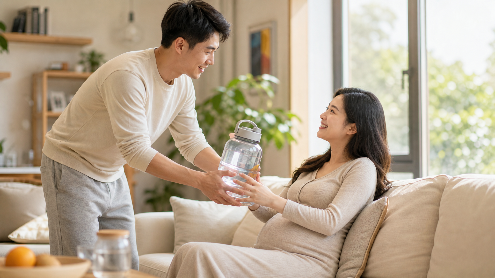 A heartwarming bright indoor scene. A handsome young Chinese husband is smiling and handing a cute large water bottle to his pregnant Chinese wife. The wife is sitting comfortably on a cozy sofa, smiling back. Natural sunlight streaming through the window, soft and warm tones, photorealistic, lifestyle photography, highly detailed, 8k.