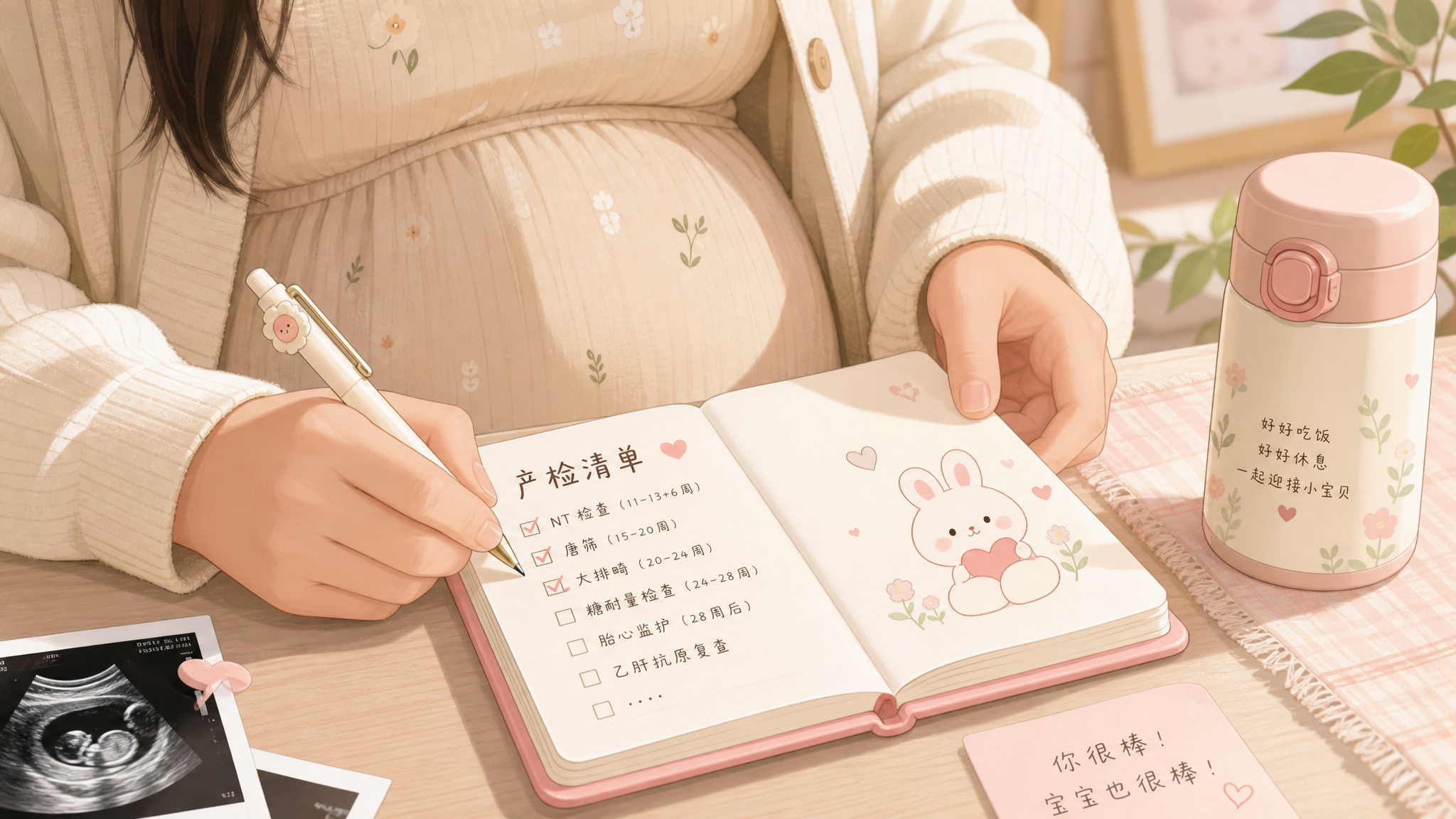 A warm and cozy illustration of a Chinese pregnant woman's hands holding a cute notebook and a pen, writing a medical checklist. A thermos cup is placed next to the notebook. Soft pastel colors, comforting and healing vibe, flat illustration style, high resolution. --ar 16:9