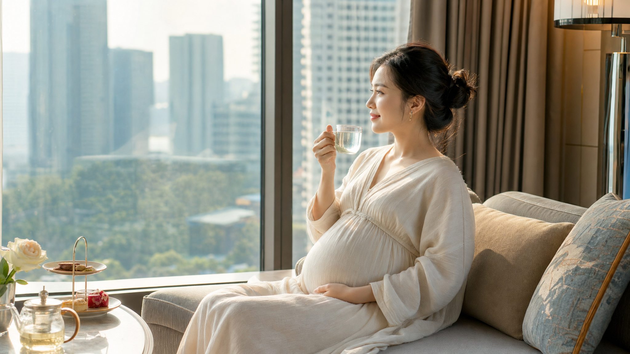 A beautiful Chinese pregnant woman in a comfortable elegant loose dress, sitting on a soft sofa by a large hotel floor-to-ceiling window, enjoying a cup of warm water and light afternoon tea, bright and airy room, soft sunlight shining through the window, serene and relaxing atmosphere, cinematic lighting, 8k, ultra-detailed, photorealistic --ar 3:4 --v 6.0
