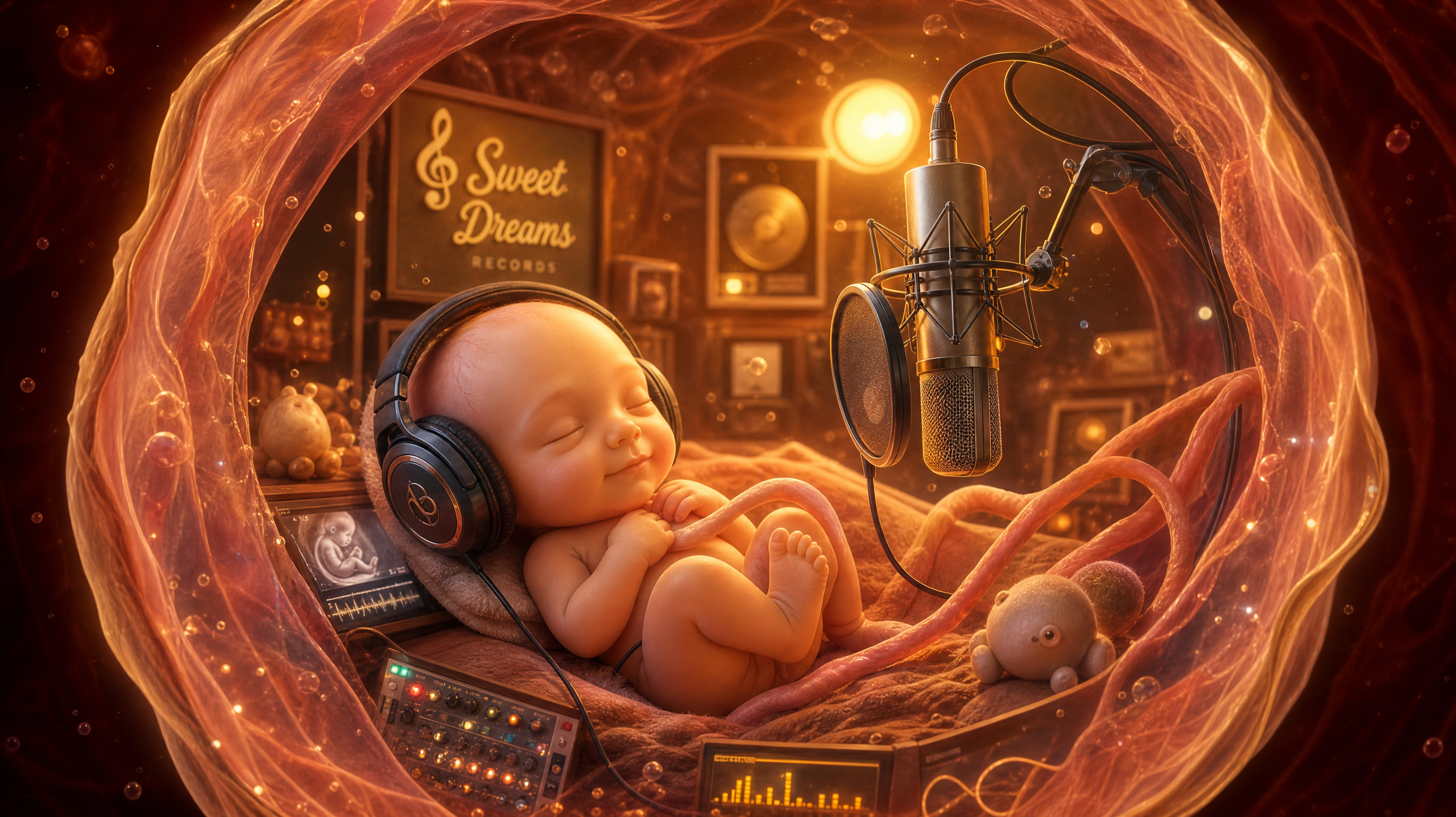 A cute 3D Pixar style illustration of a Chinese fetus peacefully sleeping inside a glowing, warm amniotic fluid bubble that looks like a cozy professional recording studio. The baby is wearing tiny cute headphones. Soft warm lighting, magical atmosphere, highly detailed, 8k resolution, comforting and safe vibe, masterpiece. --ar 3:4