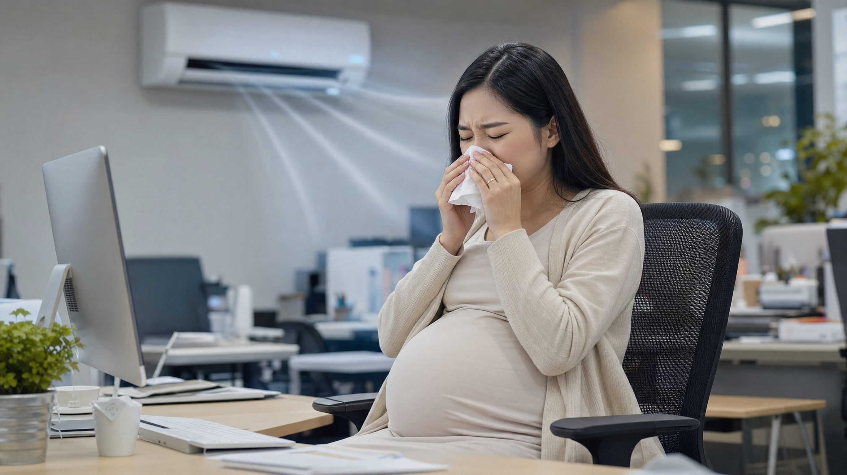 A young Chinese pregnant woman in a modern office, wearing comfortable maternity clothes, sneezing and touching her nose with a tissue. In the background, an air conditioner is blowing cold air. Soft indoor lighting, cinematic composition, high quality, 8k resolution, photorealistic, Midjourney v6.