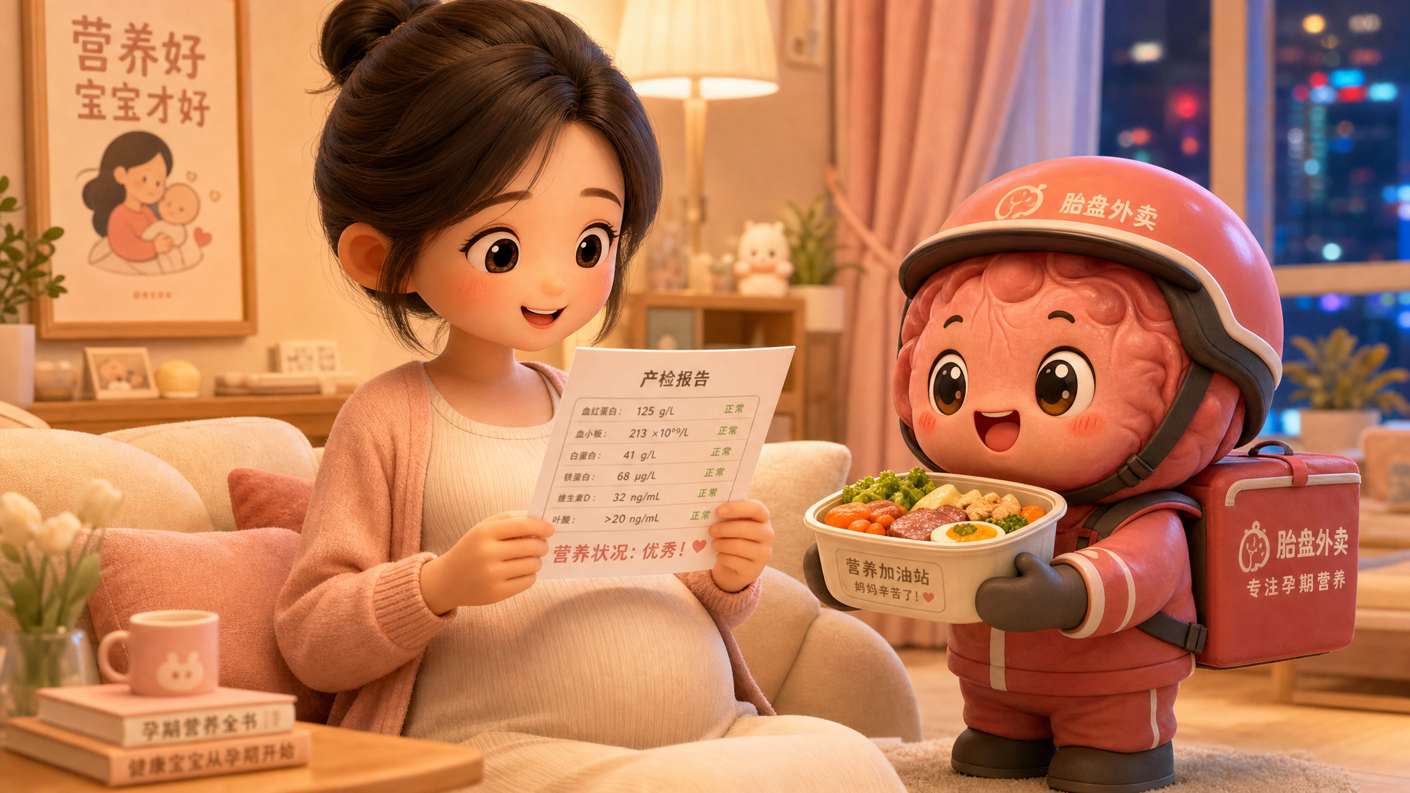 A cute 3D illustration of a young Chinese pregnant woman looking at a medical report with a relieved and happy smile. Next to her is a cute cartoon placenta character dressed as a delivery rider holding a nutritious meal. Cozy indoor lighting, warm pastel colors, high quality, 8k resolution, Pop Mart blind box style, Octane Render.