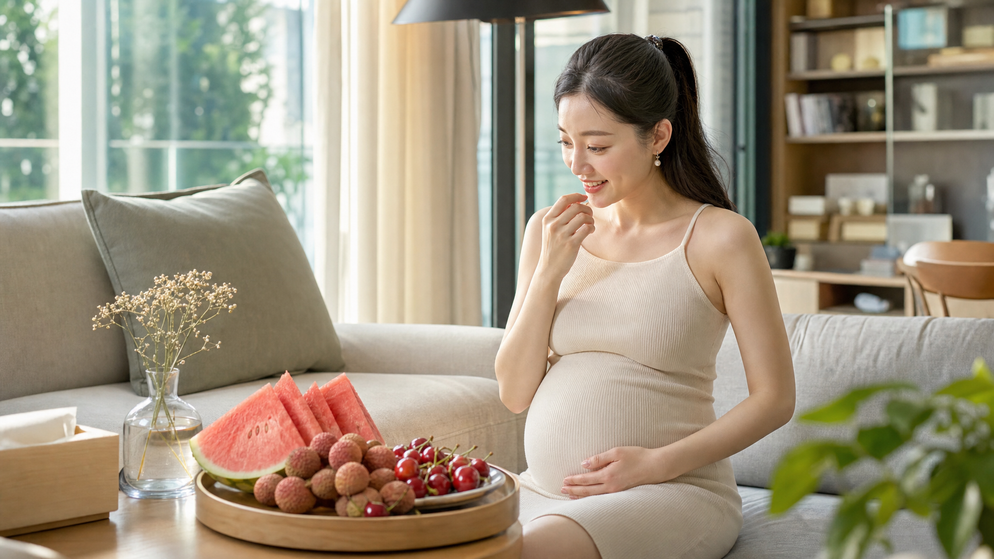A beautiful Chinese pregnant woman sitting in a bright, modern living room in summer. She is looking at a plate of fresh summer fruits (watermelon, lychee, cherries) on the table with a joyful but slightly hesitant expression. Soft natural sunlight, warm and cozy atmosphere, photorealistic, 8k resolution, highly detailed, cinematic lighting. --ar 3:4