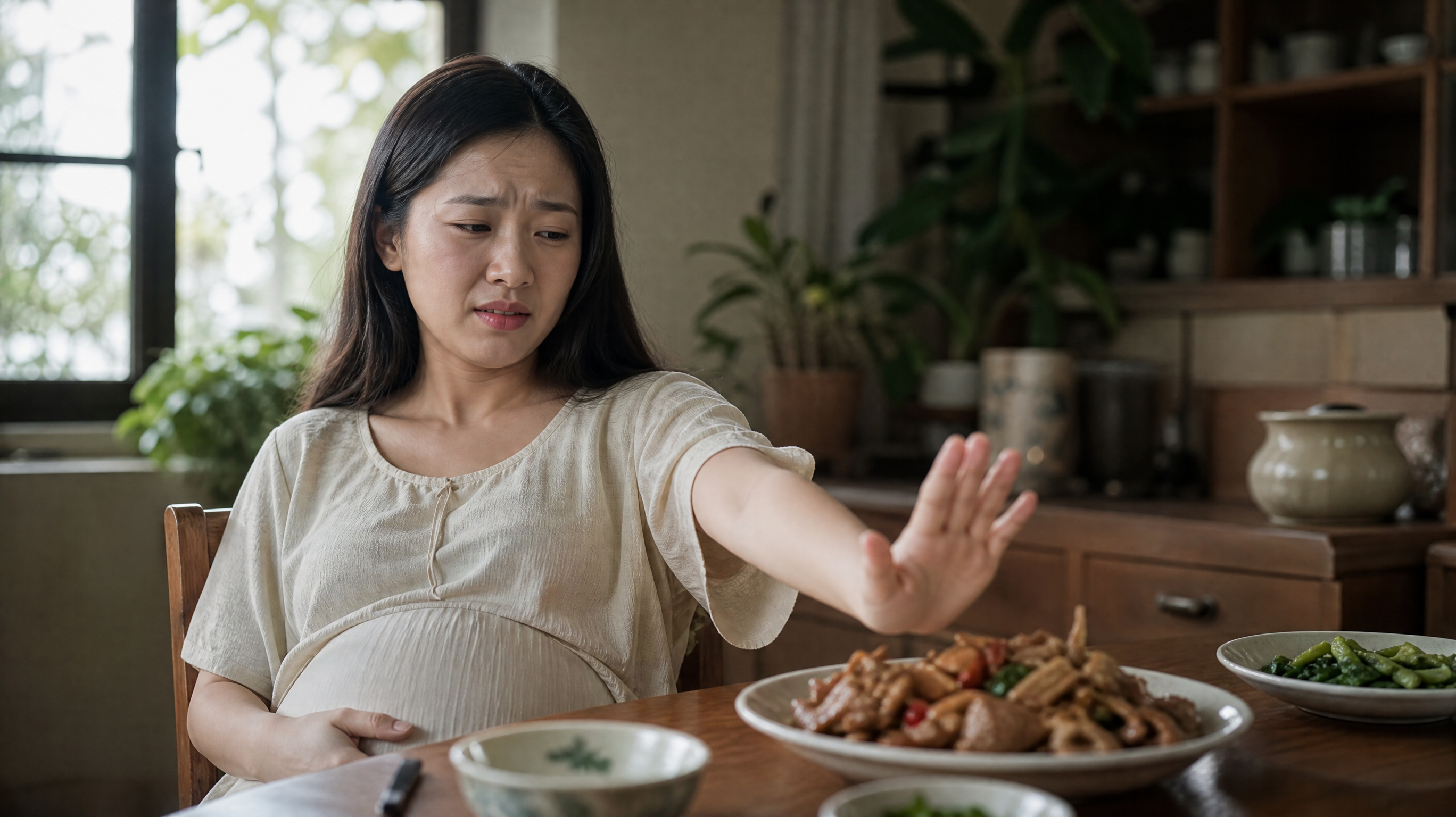 A high-quality photography of a young beautiful Chinese pregnant woman sitting at a dining table in summer, looking slightly distressed and lacking appetite, pushing away a plate of greasy food. Soft natural window light, warm and slightly humid summer atmosphere, cinematic lighting, photorealistic, 8k resolution, shot on 35mm lens.