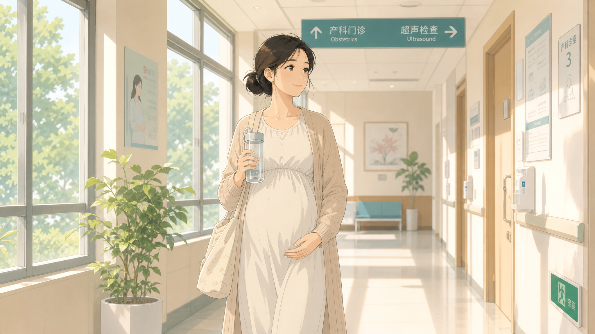 A gentle illustration of a beautiful Chinese pregnant woman walking slowly in a bright, modern hospital corridor, wearing comfortable maternity clothes, holding a water cup, warm natural light, soft colors, healing and comforting atmosphere, high quality, 8k, masterpiece, Studio Ghibli style.