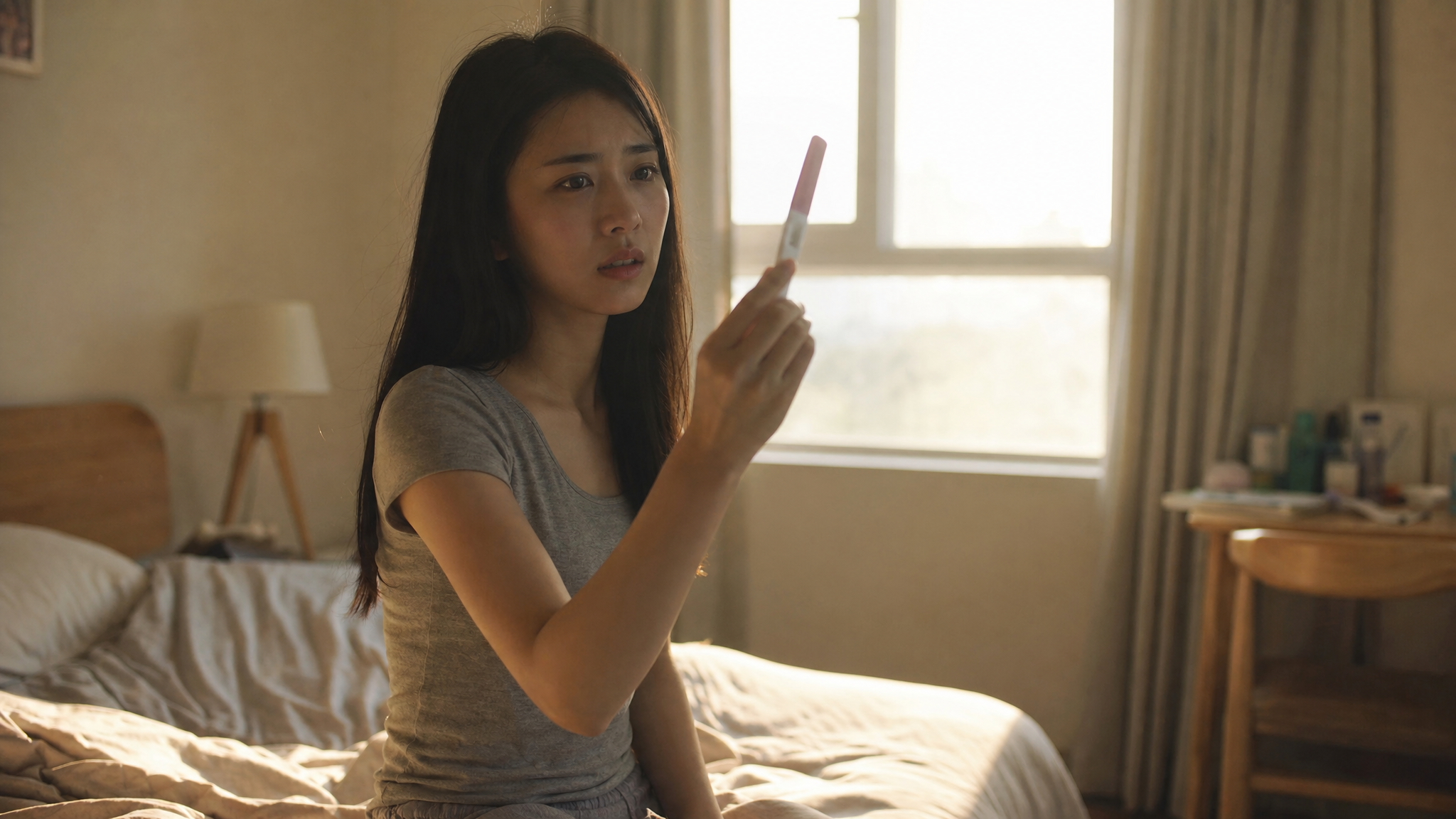 A young Chinese woman in her 20s, sitting on the edge of a bed in the early morning, holding a pregnancy test stick and looking closely at it against the light. She looks anxious and nervous. Soft morning light coming through the window, warm and slightly dim bedroom atmosphere. High quality, photorealistic, cinematic lighting, shot on 35mm lens. --ar 3:4 --v 6.0