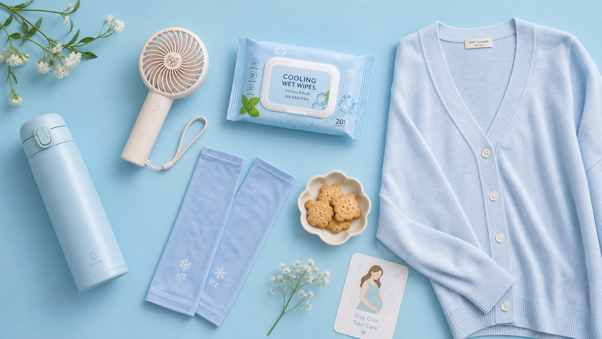 A neat flatlay composition of summer cooling essentials for a pregnant woman. Items include a cute portable mini fan, a pack of cooling wet wipes, a pair of ice sleeves, a light pastel cardigan, a thermos water bottle, and some small biscuits. The background is a clean, refreshing pastel blue color. Soft studio lighting, highly detailed, top-down view, minimalist and fresh style, 8k.