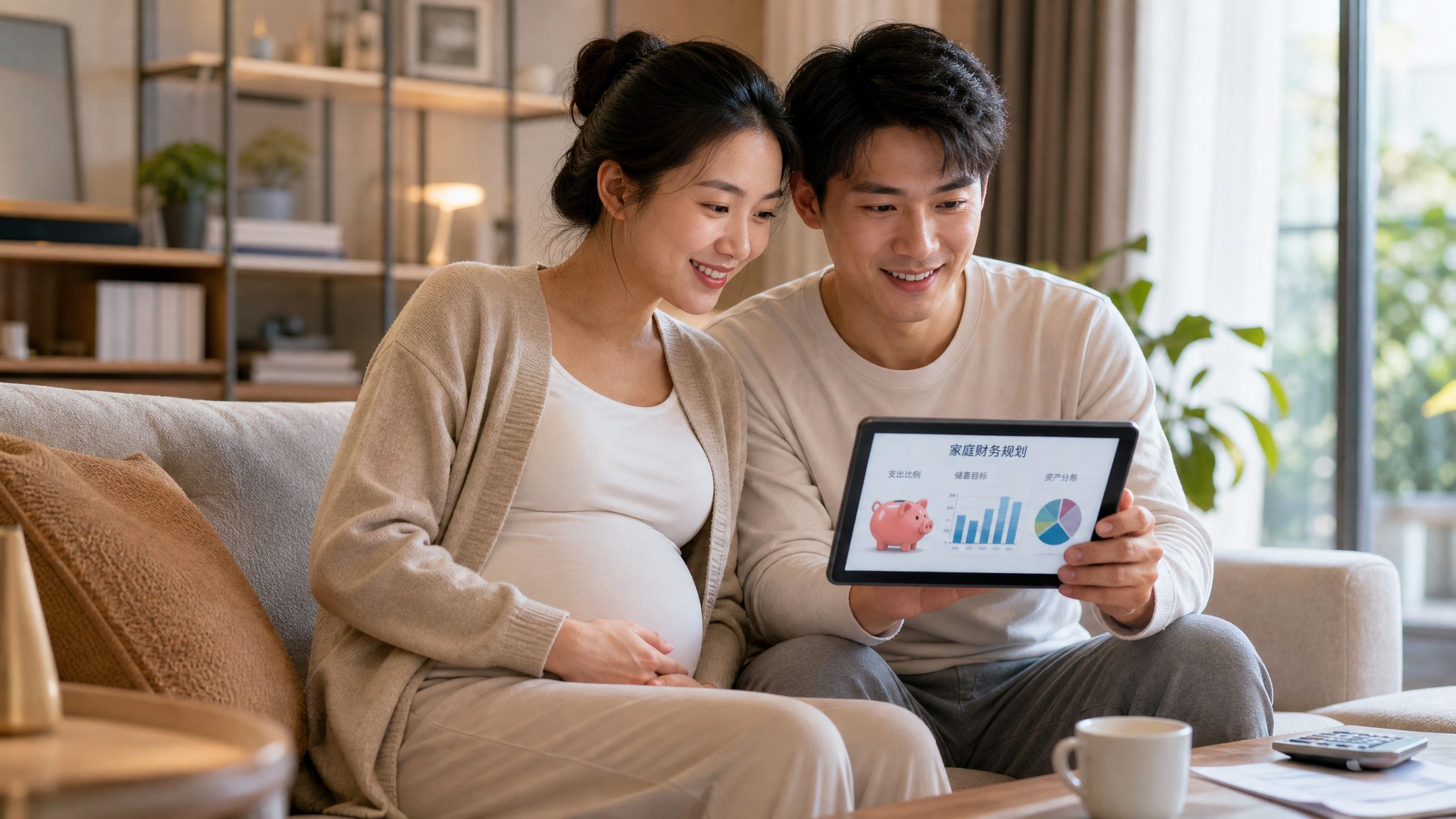 A high-quality, realistic photo of a young Chinese couple sitting in a cozy, modern living room. The pregnant wife and her husband are looking happily at a tablet showing financial charts and a piggy bank icon. Bright, warm natural lighting, soft colors, conveying a sense of relief and financial security. 8k resolution, photorealistic, Midjourney v6 style.