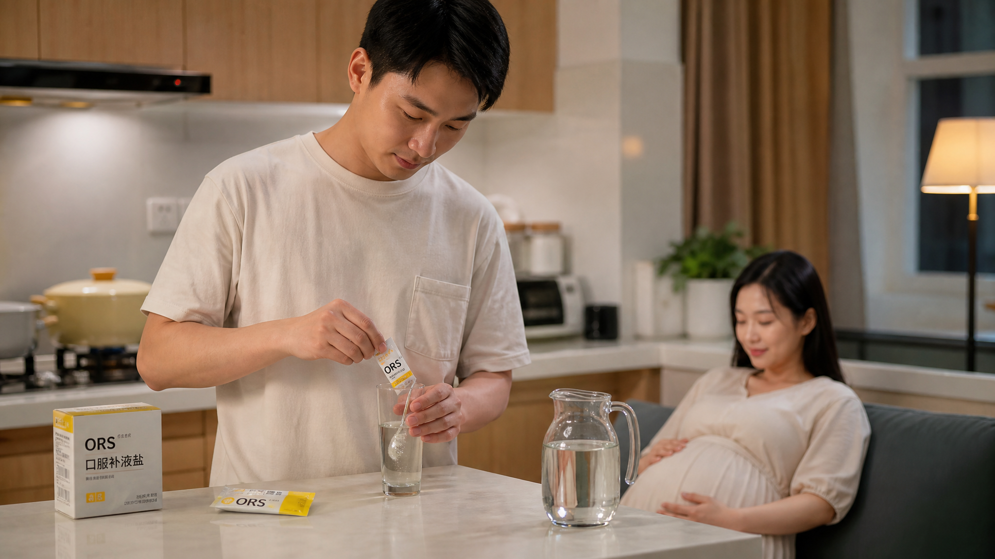 A heartwarming scene in a bright, modern Chinese kitchen. A young Chinese husband is carefully measuring and stirring oral rehydration salts (ORS) in a glass of warm water. In the background, his pregnant wife is resting gently. Warm and comforting indoor lighting, shallow depth of field, realistic photography, 8k, highly detailed.