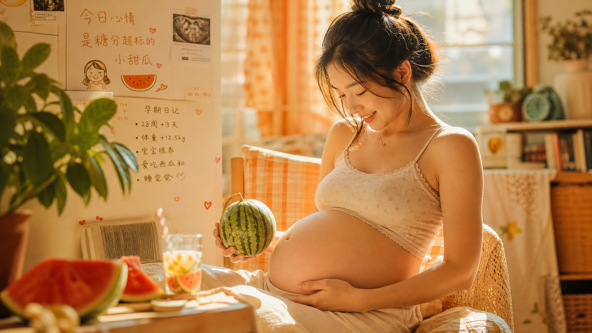 A warm and cute illustration of a beautiful Chinese pregnant woman looking happily at her belly, holding a cute mini watermelon next to her belly to show the size comparison. Warm orange tones, cozy summer vibe, diary style, soft lighting, 8k resolution, highly detailed, Midjourney v6.