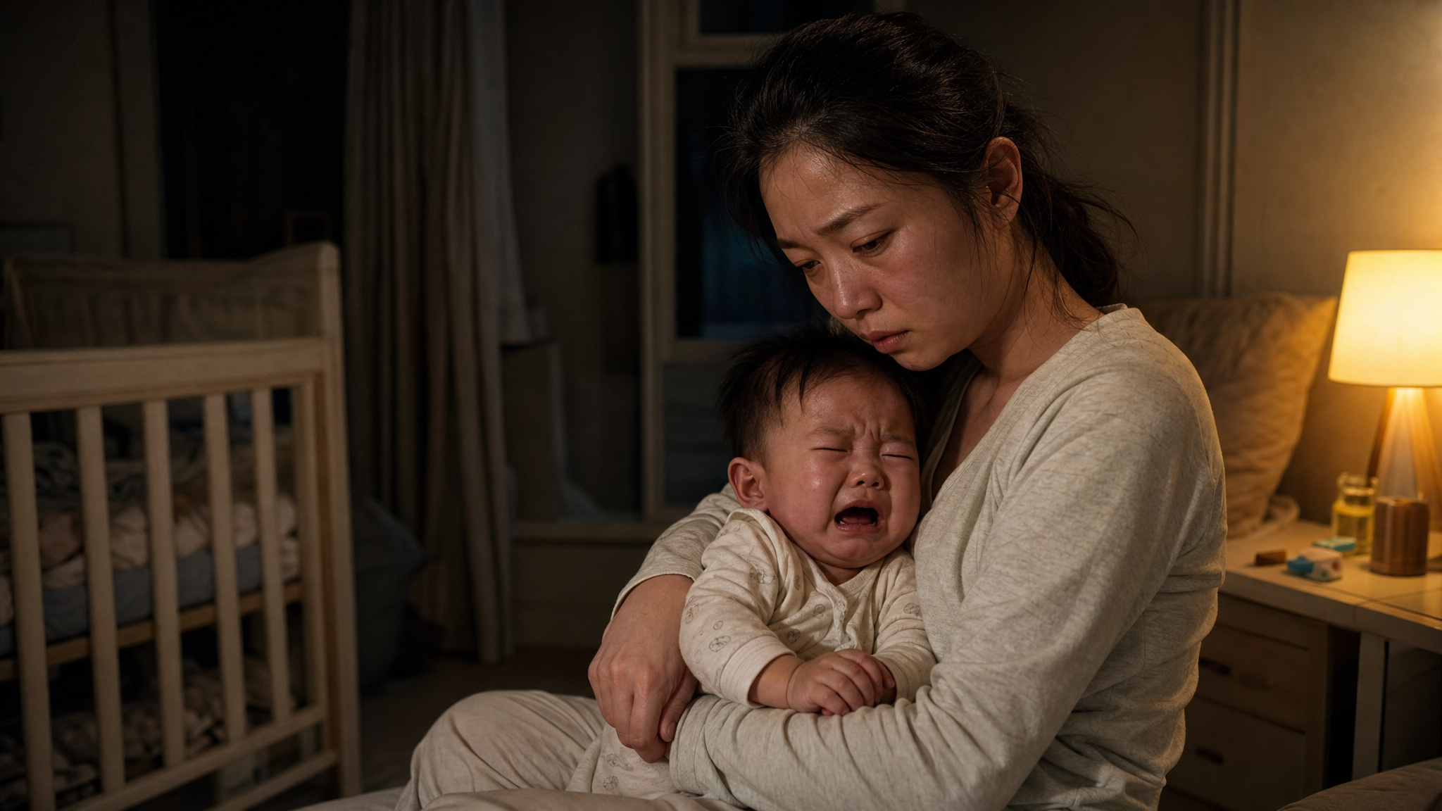 A realistic photography of a tired young Chinese mother holding a crying baby in a dimly lit bedroom at 3 AM. Warm but dim bedside lamp lighting, showing exhaustion on the mother's face, cozy home environment, soft shadows, high detail, 8k resolution, cinematic lighting.