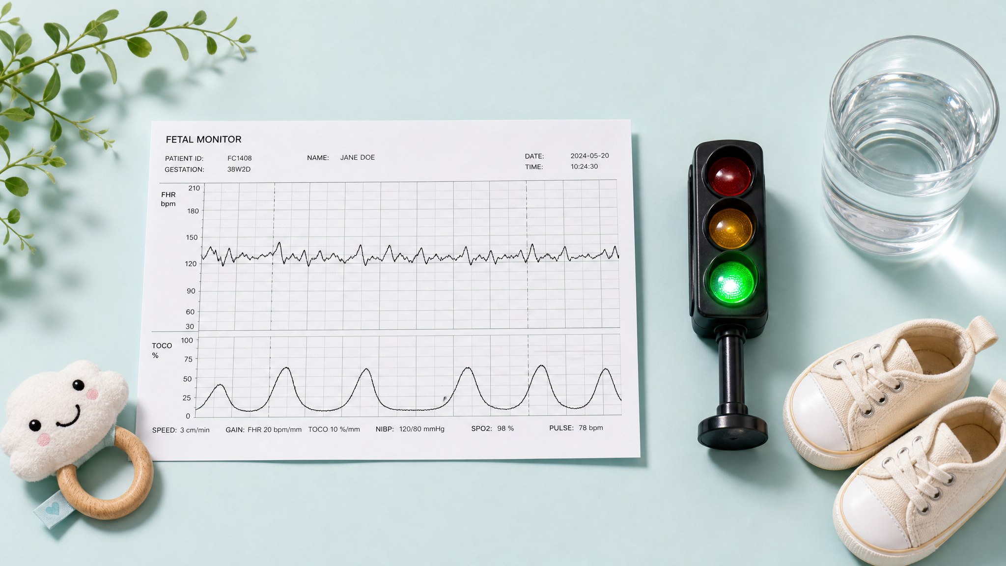 A creative flat lay or infographic style image, featuring a medical fetal monitor printout paper with rhythmic heartbeat curves. Next to the paper, a cute miniature traffic light model showing a green light. Small cute baby shoes and a glass of water nearby. Fresh and clean color palette, pastel tones, bright studio lighting, highly detailed, 8k, commercial photography.