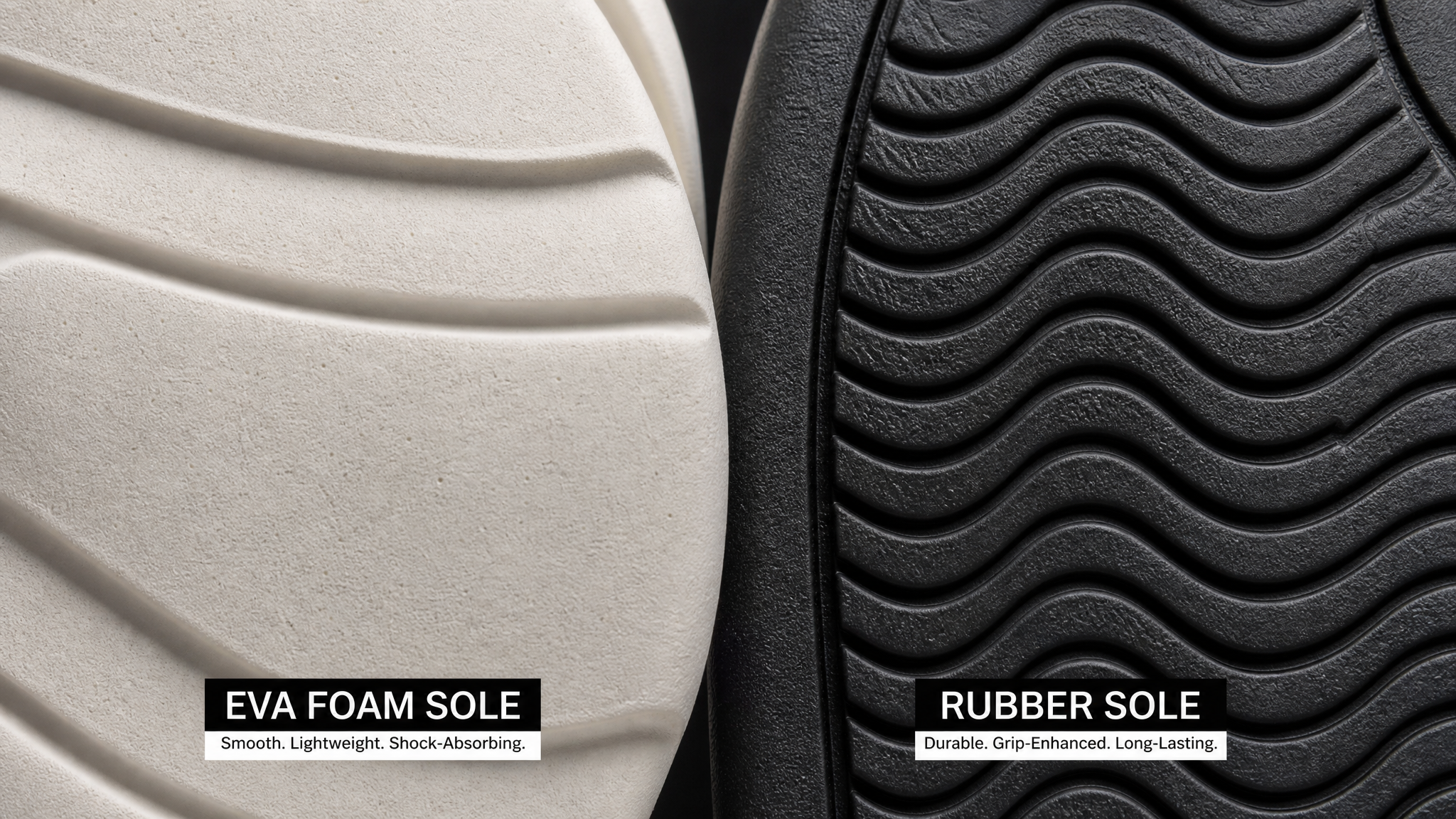 A close-up, highly detailed shot comparing two shoe soles. One side shows a smooth EVA foam sole, the other side shows a sturdy rubber sole with deep, 3mm wave-like tread patterns. Professional product photography, studio lighting, macro lens, hyper-realistic, 8k.
