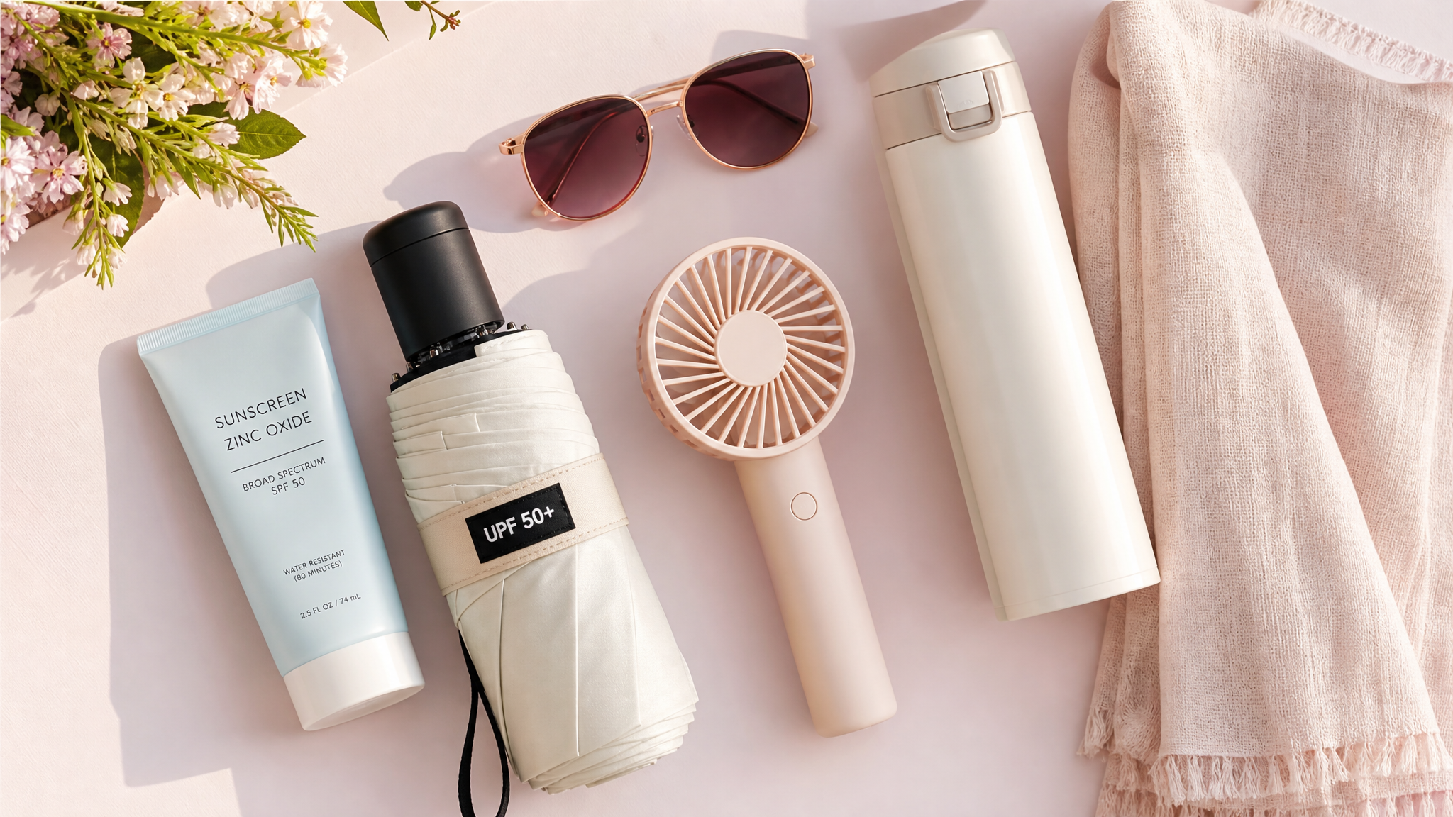 A beautifully arranged flatlay photography on a clean pastel desk. Items include a tube of physical sunscreen (zinc oxide), a stylish UPF sun umbrella, a cute portable fan, a warm water thermos, and a folded thin shawl. Bright, airy lighting, soft shadows, lifestyle editorial style, highly detailed, 8k.