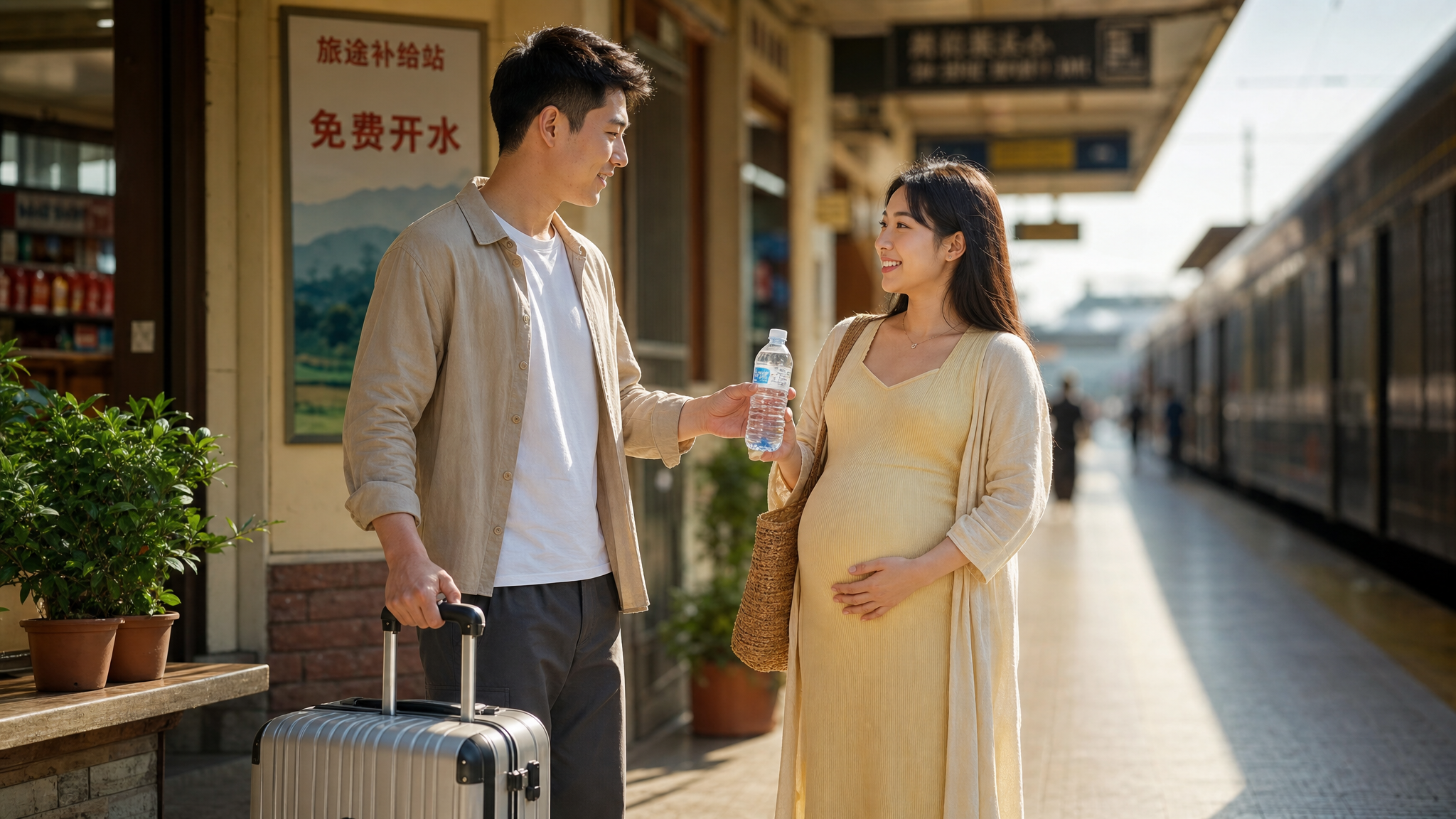 A heartwarming scene at a sunny train station or service area. A caring young Chinese husband is carrying a travel suitcase and handing a bottle of water to his beautiful Chinese pregnant wife. The wife is gently holding her baby bump and smiling happily at him. Warm sunlight, soft bokeh background, emotional connection, cinematic lighting, photorealistic, 8k.