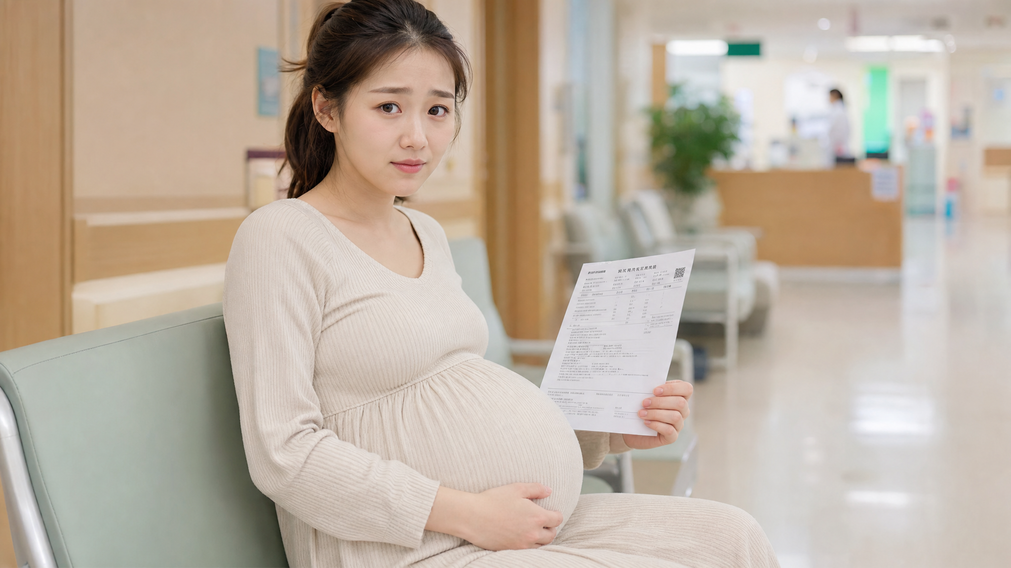 A Chinese pregnant woman in her third trimester sitting in a bright hospital waiting area, holding a medical test report, looking slightly nervous but cute. Soft natural lighting, realistic photography style, high resolution, 8k, warm cinematic tones.