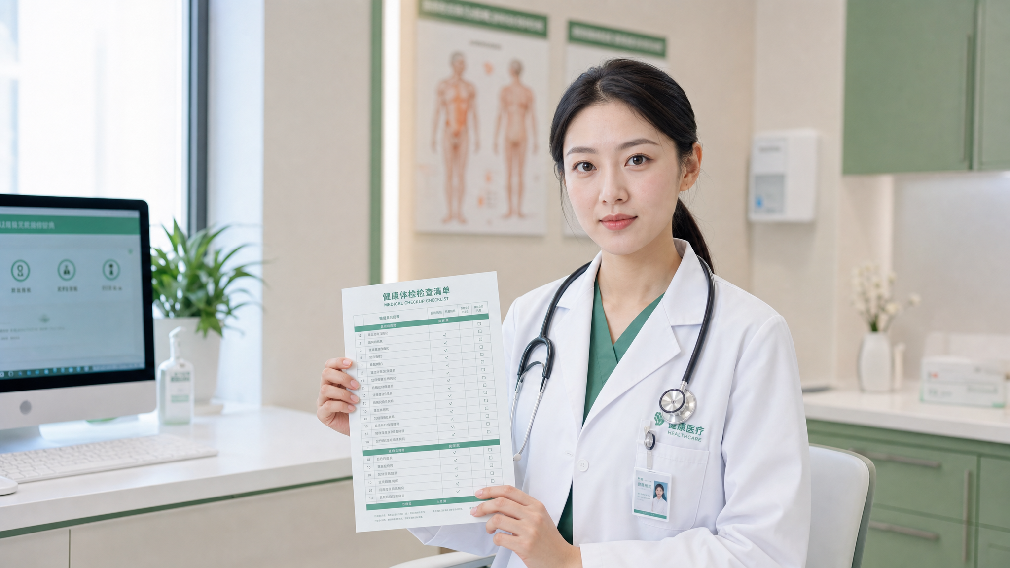 A professional young Chinese female doctor wearing a white coat, with a gentle but serious expression, holding a medical checklist in her hand. The background is a clean and tidy consultation room. Green and white tones, high quality, realistic medical photography style.