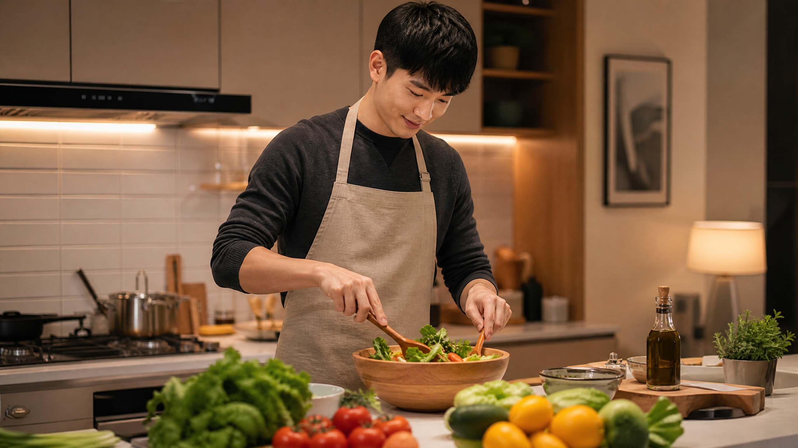 A heartwarming scene of a young, caring Chinese husband cooking in a modern, clean home kitchen. He is wearing an apron, skillfully preparing a meal, focused on mixing a healthy salad. Warm indoor lighting, cozy domestic atmosphere, photorealistic, cinematic depth of field, highly detailed.
