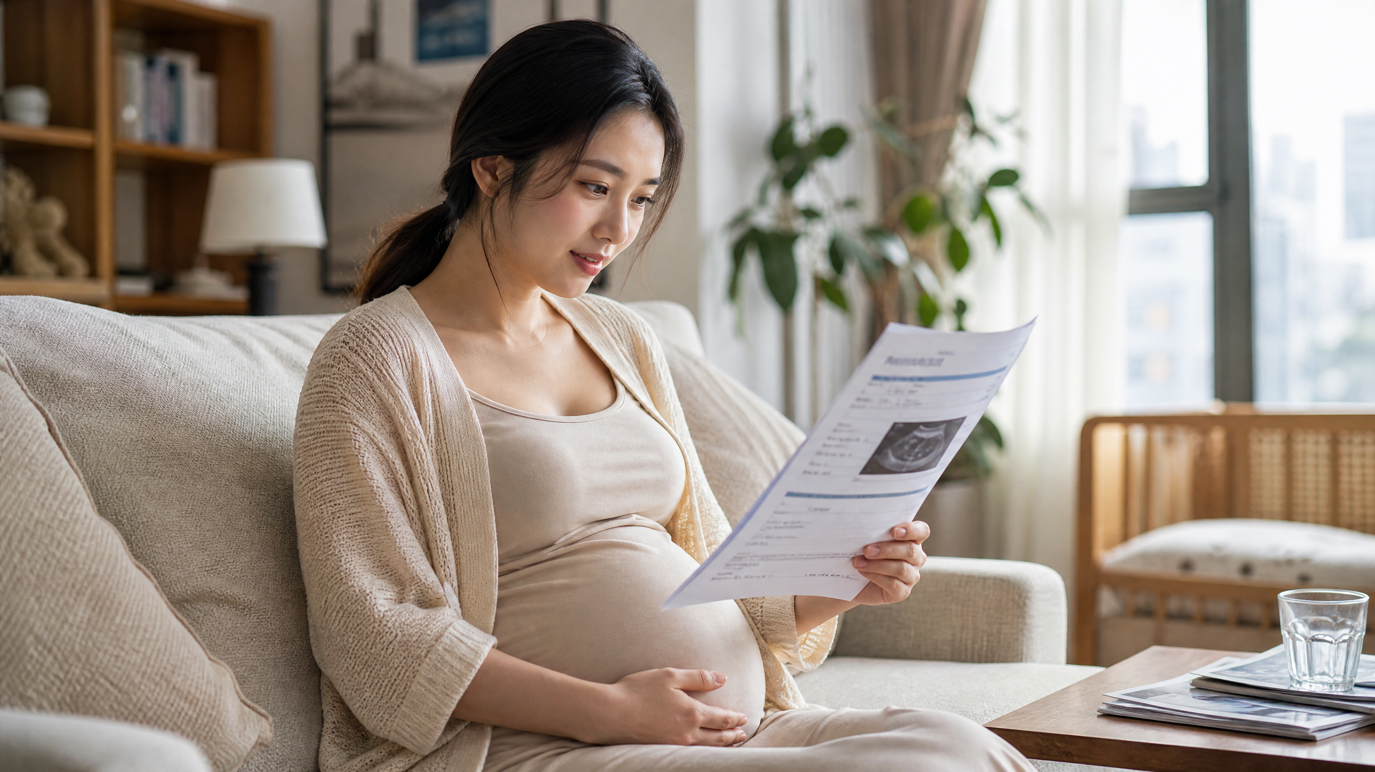 A high-quality, realistic photo of a young, beautiful Chinese pregnant woman sitting in a bright, cozy living room, looking at a medical report with a slightly relieved and determined expression. Soft natural lighting from the window, cinematic composition, 8k resolution, highly detailed.