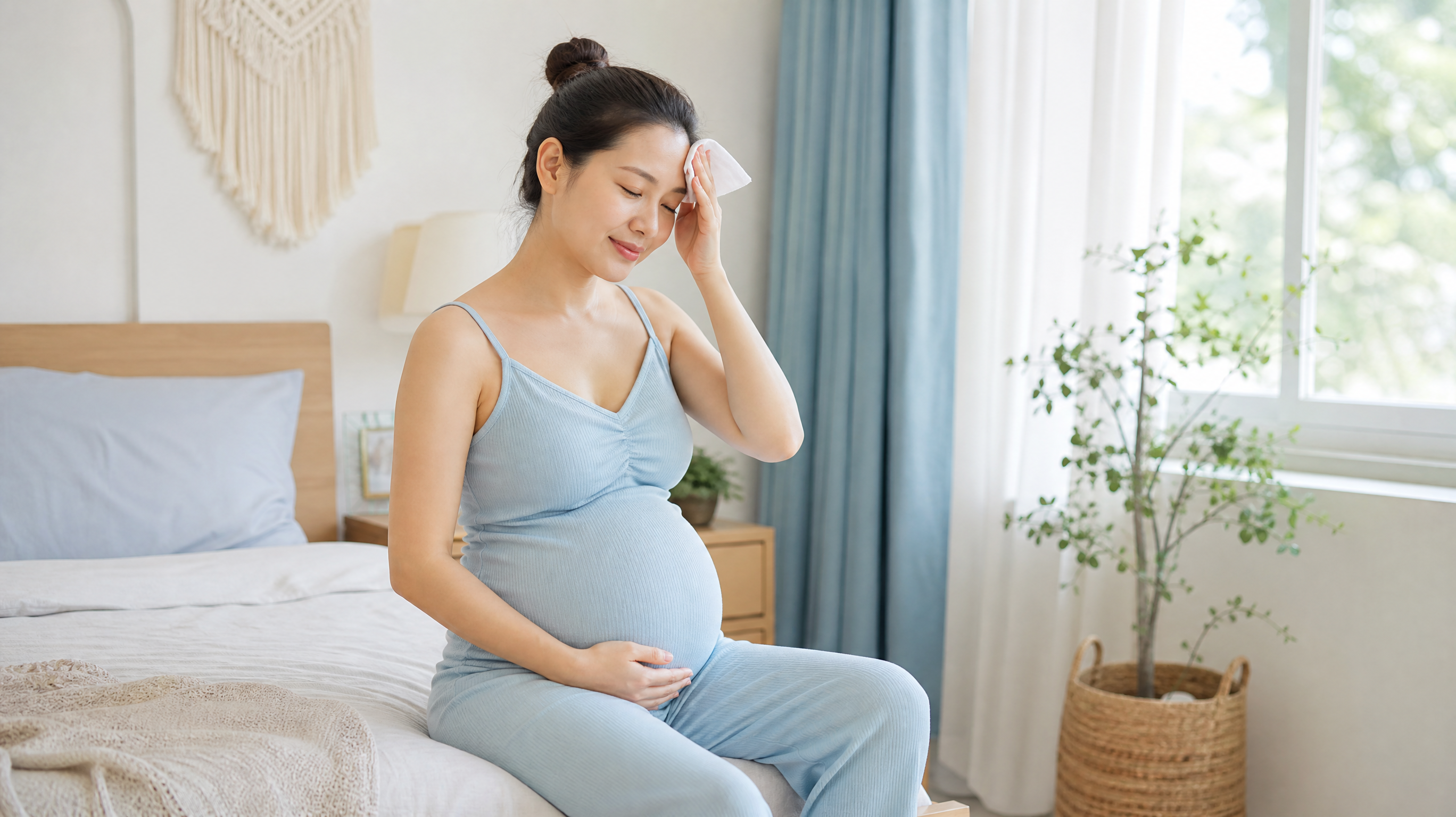 A beautiful Chinese pregnant woman sitting on the edge of a bed in a cozy bedroom, wearing light blue breathable loungewear, gently touching her belly while wiping a bit of sweat from her forehead. Soft natural sunlight filtering through the window, light and refreshing color palette with linen and pale blue tones, realistic photography, soft lighting, 8k resolution. --ar 3:4