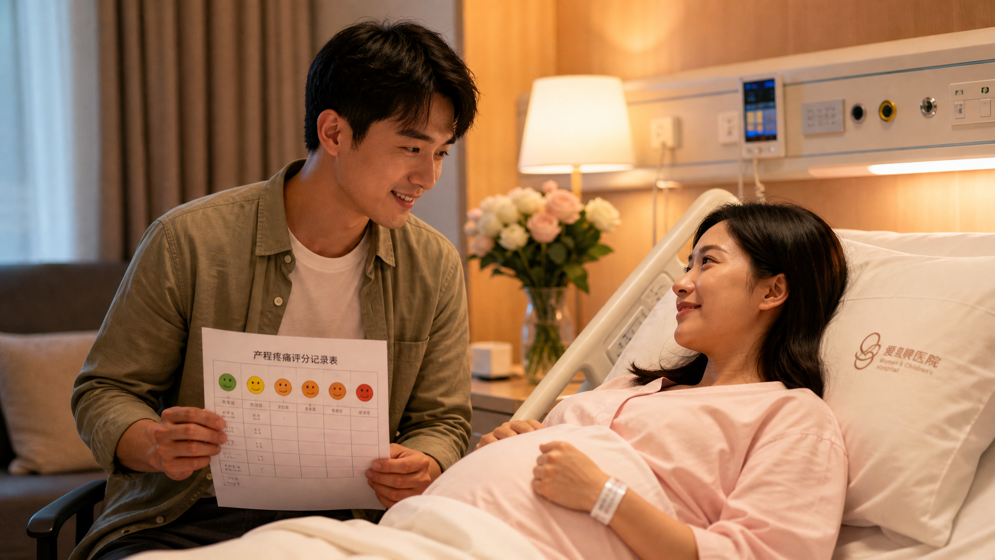 A heartwarming, realistic photo of a Chinese husband gently taking care of his wife in a modern maternity hospital room. The husband is holding a pain tracking chart and looking at his wife with a supportive smile. Warm hospital lighting, cozy and reassuring atmosphere, highly detailed, 8k, cinematic photography. --ar 3:4