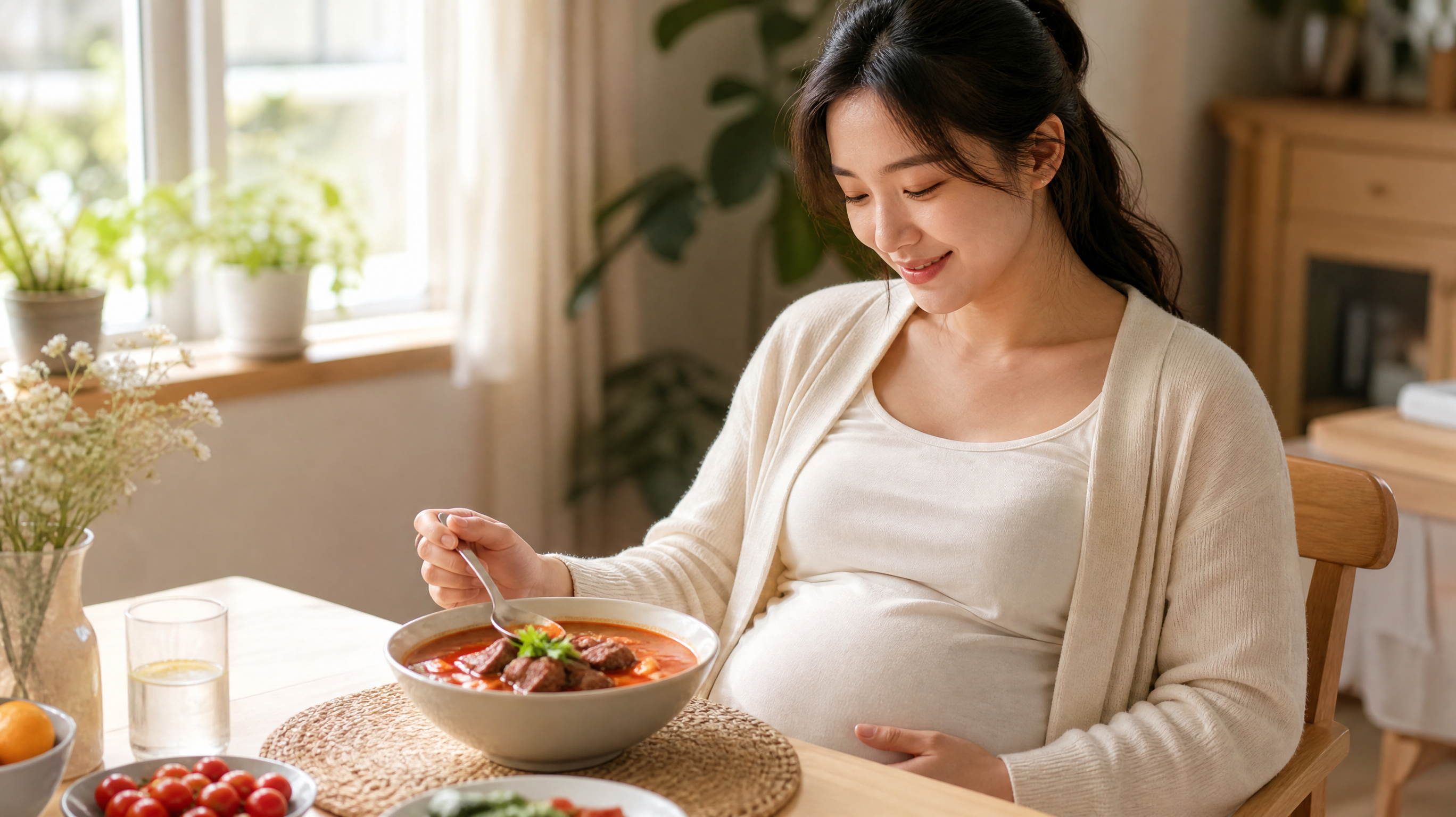 A high-quality, photorealistic image of a beautiful young Chinese pregnant woman sitting at a bright, cozy dining table. She is looking at a bowl of warm, appetizing tomato beef soup with a gentle, relieved smile, showing her regained appetite. Soft natural daylight coming from a nearby window, warm and healing color palette, cinematic lighting, 8k resolution, highly detailed.