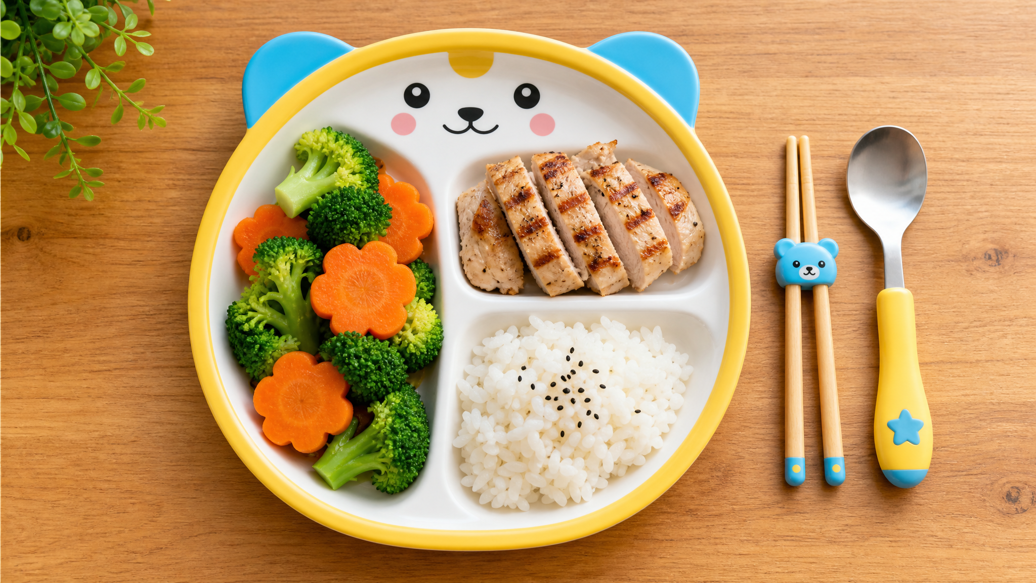 A top-down view of a cute, colorful divided kids' dining plate on a wooden table. The plate contains 1/2 fresh steamed vegetables (broccoli, carrots), 1/4 grilled chicken breast, and 1/4 rice. A pair of small chopsticks and a spoon next to it. Bright, appetizing, food photography, soft studio lighting, 8k. --ar 4:3