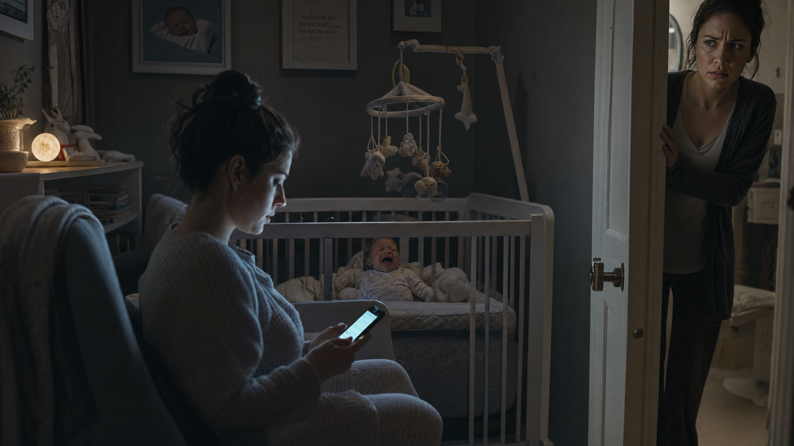 A cinematic shot of a Chinese nanny secretly scrolling on her smartphone in a dimly lit nursery room while a baby is crying in the crib. A young Chinese mother is peeking through the half-open door with a frustrated and helpless expression. Soft moonlight, dramatic lighting, high quality, 8k resolution, photorealistic.