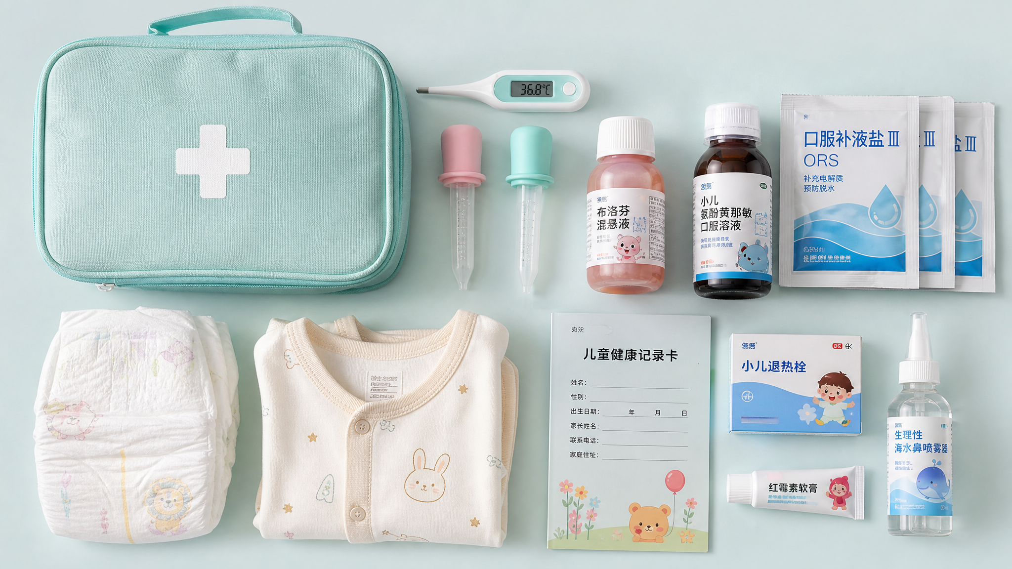 A neat flatlay photography of a baby medical emergency kit on a light pastel background. The kit includes a digital thermometer, medicine droppers, small bottles of pediatric medicine, ORS packets, diapers, a change of baby clothes, and a medical record card with Chinese characters. Organized and clean layout, bright and soft lighting, highly detailed, realistic.