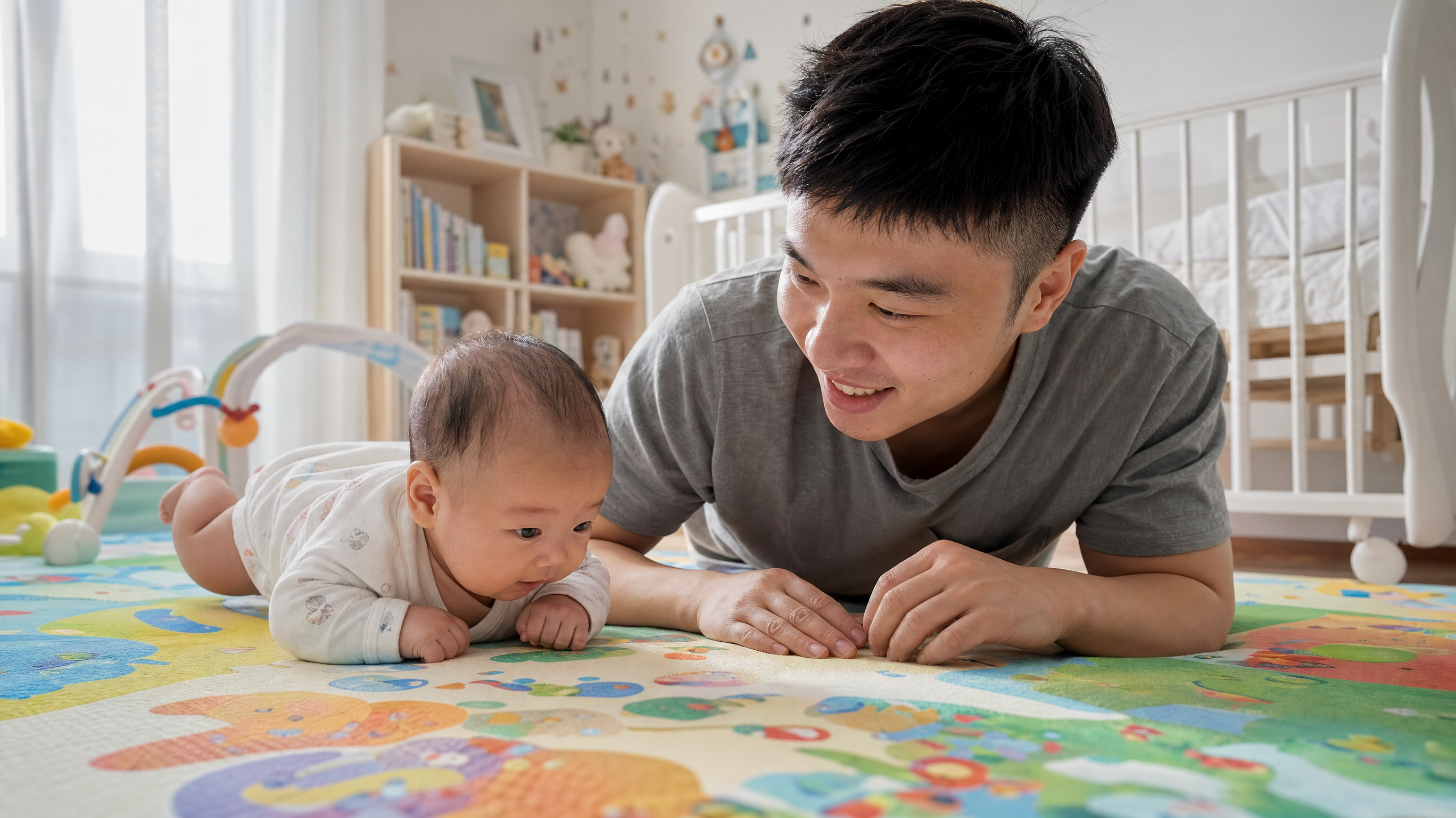 A photorealistic image of a young Chinese father doing tummy time with his 2-month-old baby on a colorful play mat in a bright, safe nursery room. The baby is lifting its head slightly, the father is smiling encouragingly. Soft natural lighting, highly detailed, 8k, cinematic lighting, warm family moment.