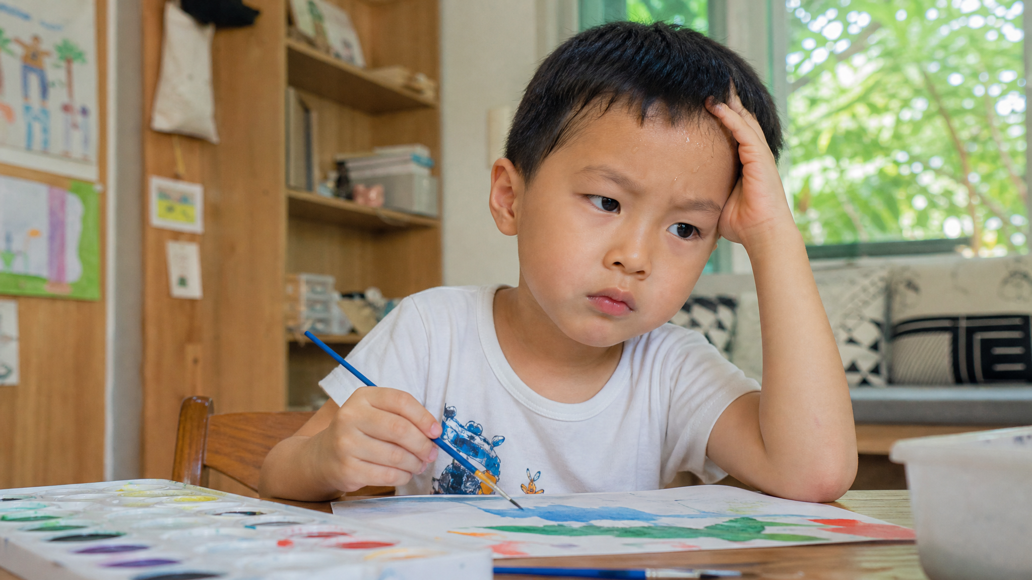 A cute 4-year-old Chinese kid sitting at a desk with watercolors, looking slightly frustrated and distracted, sweating lightly on the forehead, soft natural summer light, high quality, realistic photography, cozy and cool home environment.