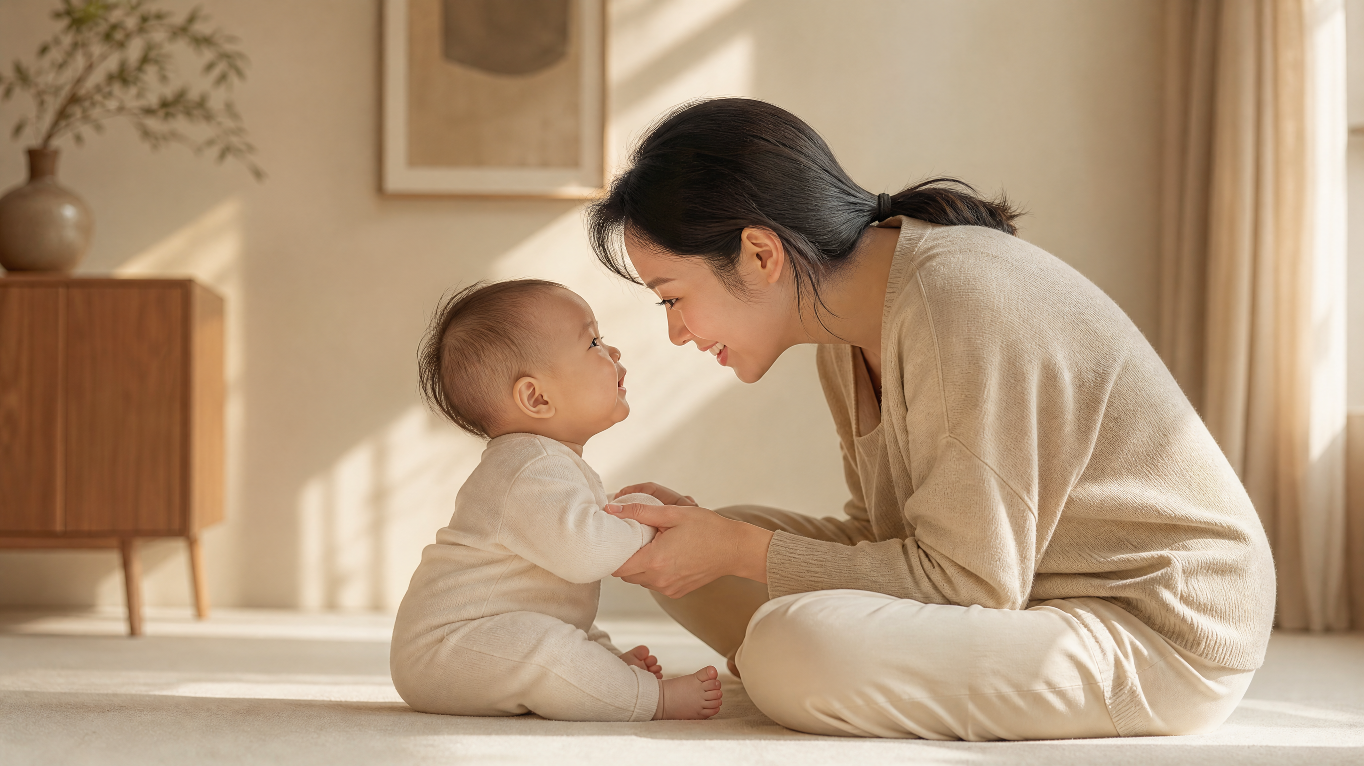 A warm and minimalist illustration of a Chinese mother interacting closely with her baby in a sunlit room, no messy toys around, focus on eye contact and gentle touch, soft natural lighting, Morandi color palette, high quality, 8k resolution, photorealistic style.