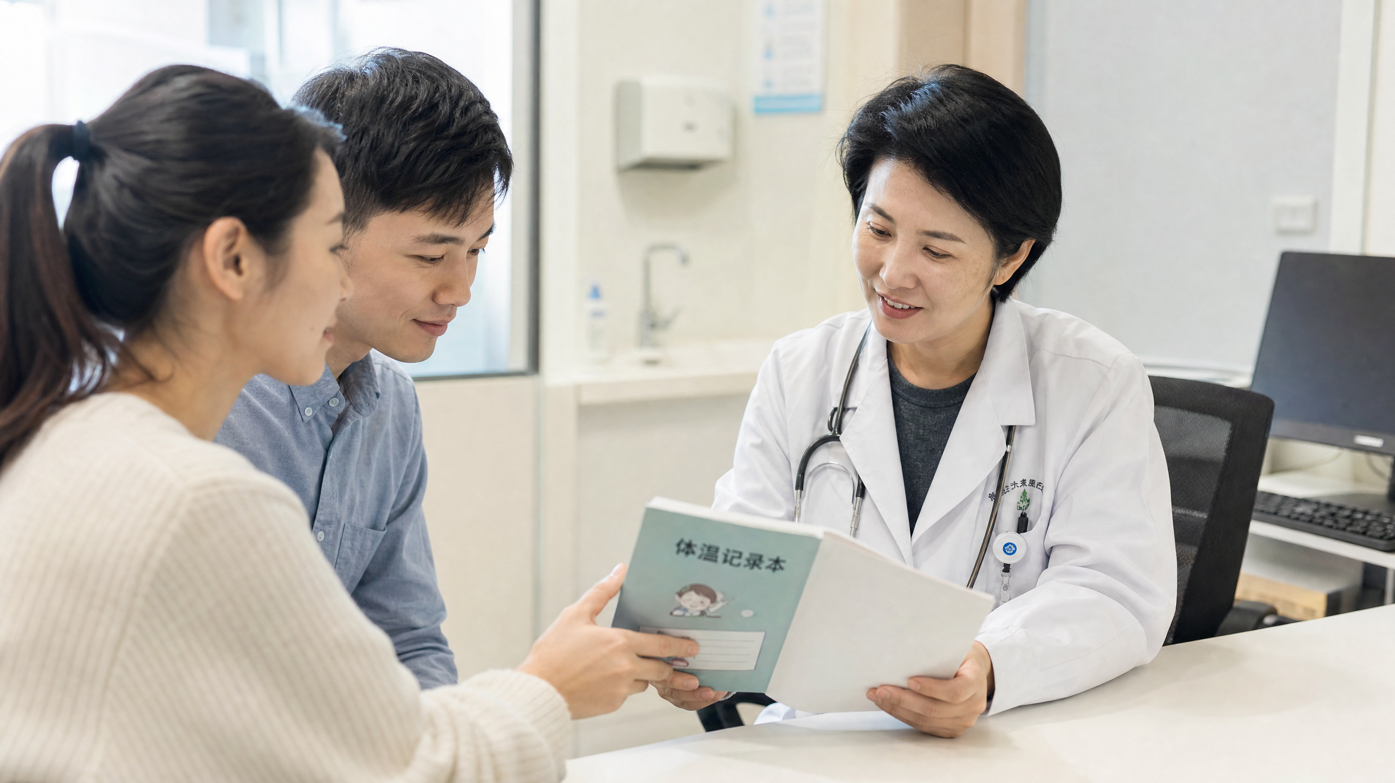 A professional Chinese pediatrician in a white coat is looking at a temperature log book handed by a young Chinese couple in a bright clinic. The doctor is nodding with a reassuring smile. Professional medical environment, soft lighting, sharp focus, realistic photography.