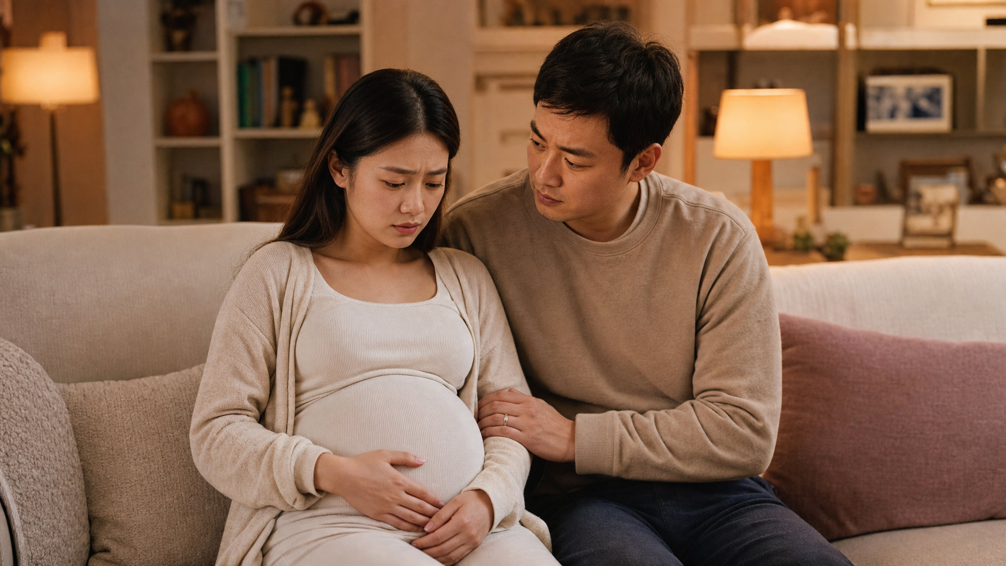 A high-quality photography of a young Chinese pregnant woman sitting on a cozy living room sofa, looking slightly anxious while touching her belly. Her husband is gently comforting her beside her. Warm indoor lighting, cinematic lighting, hyper-realistic, 8k resolution, shot on 35mm lens.