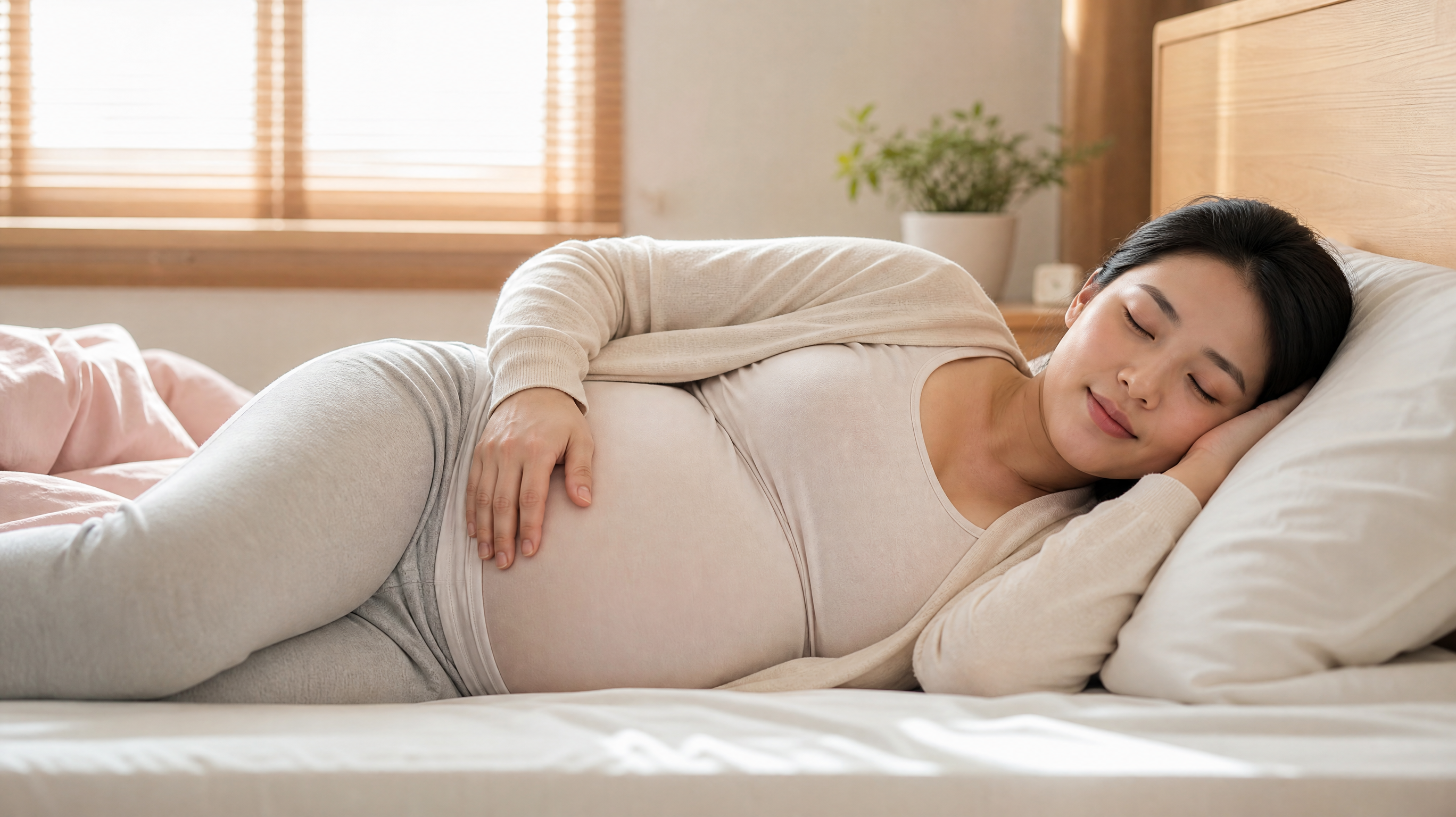 A serene and realistic image of a Chinese pregnant woman lying on her left side on a comfortable bed, practicing deep breathing with her eyes closed. Soft, warm sunlight filtering through the window, creating a peaceful and healing atmosphere. High detail, commercial photography, soft focus background.
