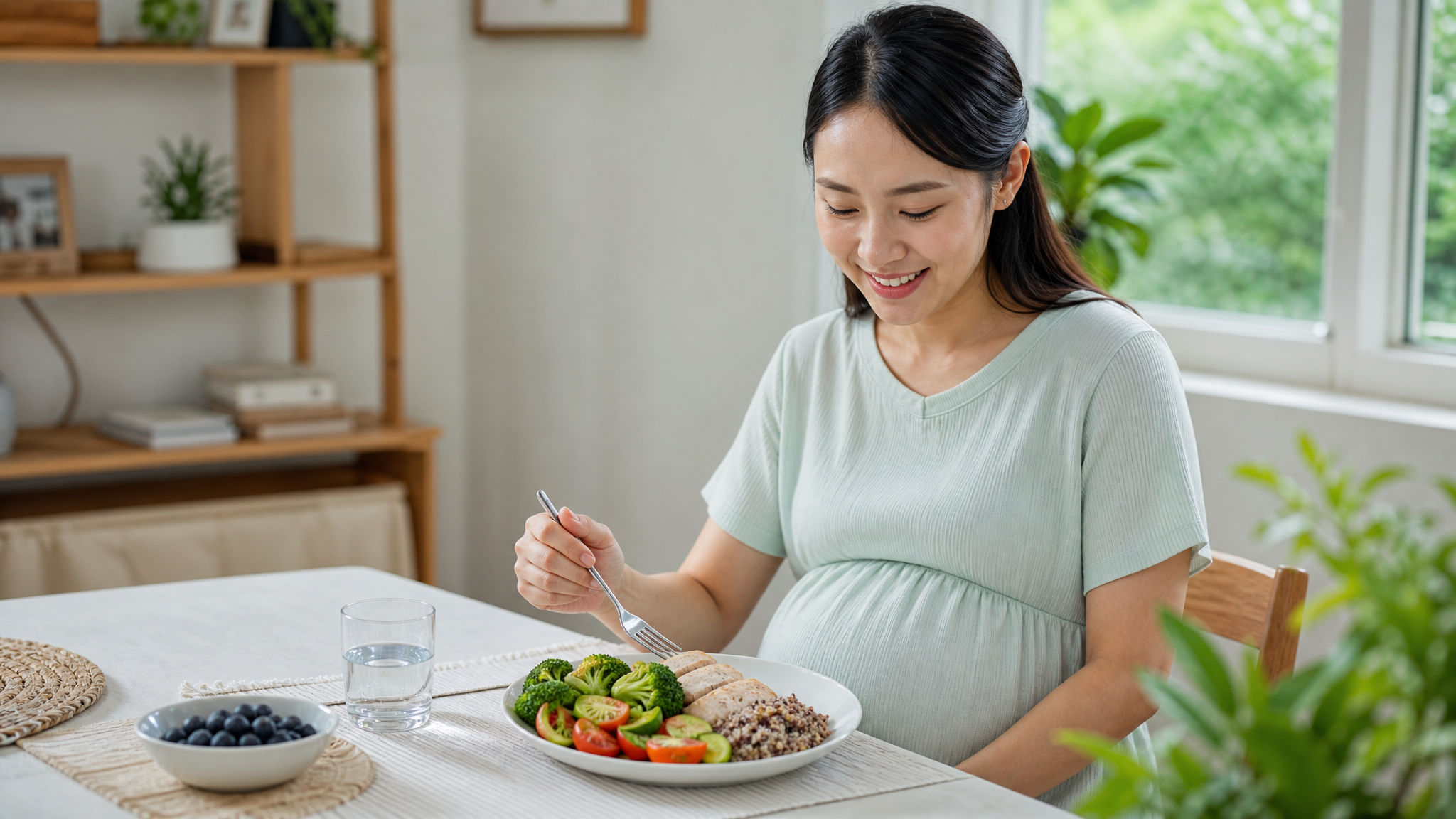 A beautiful Chinese pregnant woman in her second trimester, wearing light mint green summer homewear, sitting at a bright dining table, looking happily at a healthy meal plate (half vegetables, quarter grains, quarter protein), bright and refreshing summer lighting, cozy home environment, soft tones, ultra-realistic, 8k resolution, photorealistic, cinematic lighting --ar 3:4