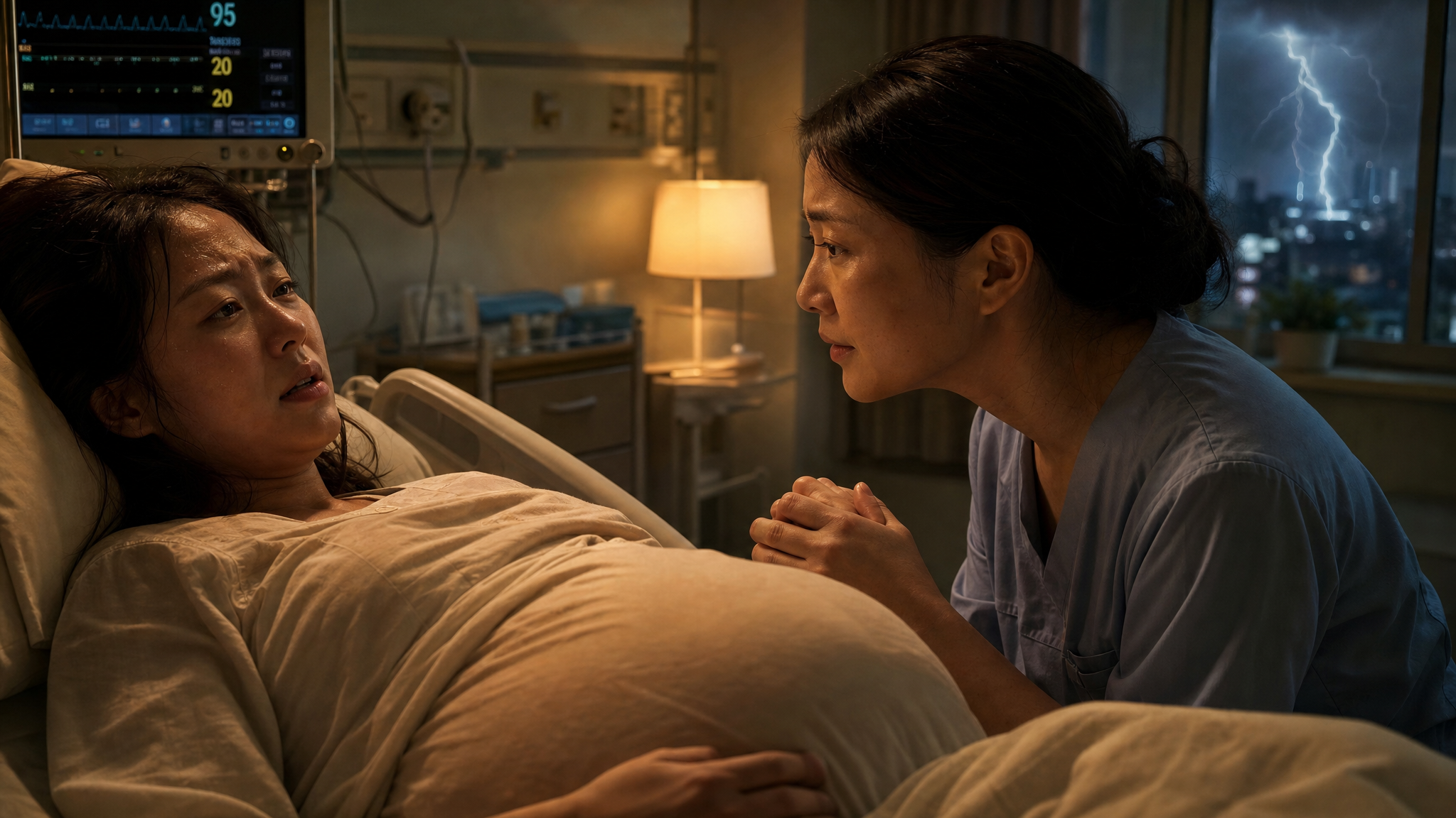 A cinematic, emotional close-up shot in a dimly lit hospital delivery room at night. A young Chinese pregnant woman lying in bed, sweating, looking anxious. A gentle, professional Chinese female midwife is holding her hand firmly. Warm yellow night light contrasts with a faint cool blue lightning glow from the window. High quality, realistic, emotional connection, 8k resolution.