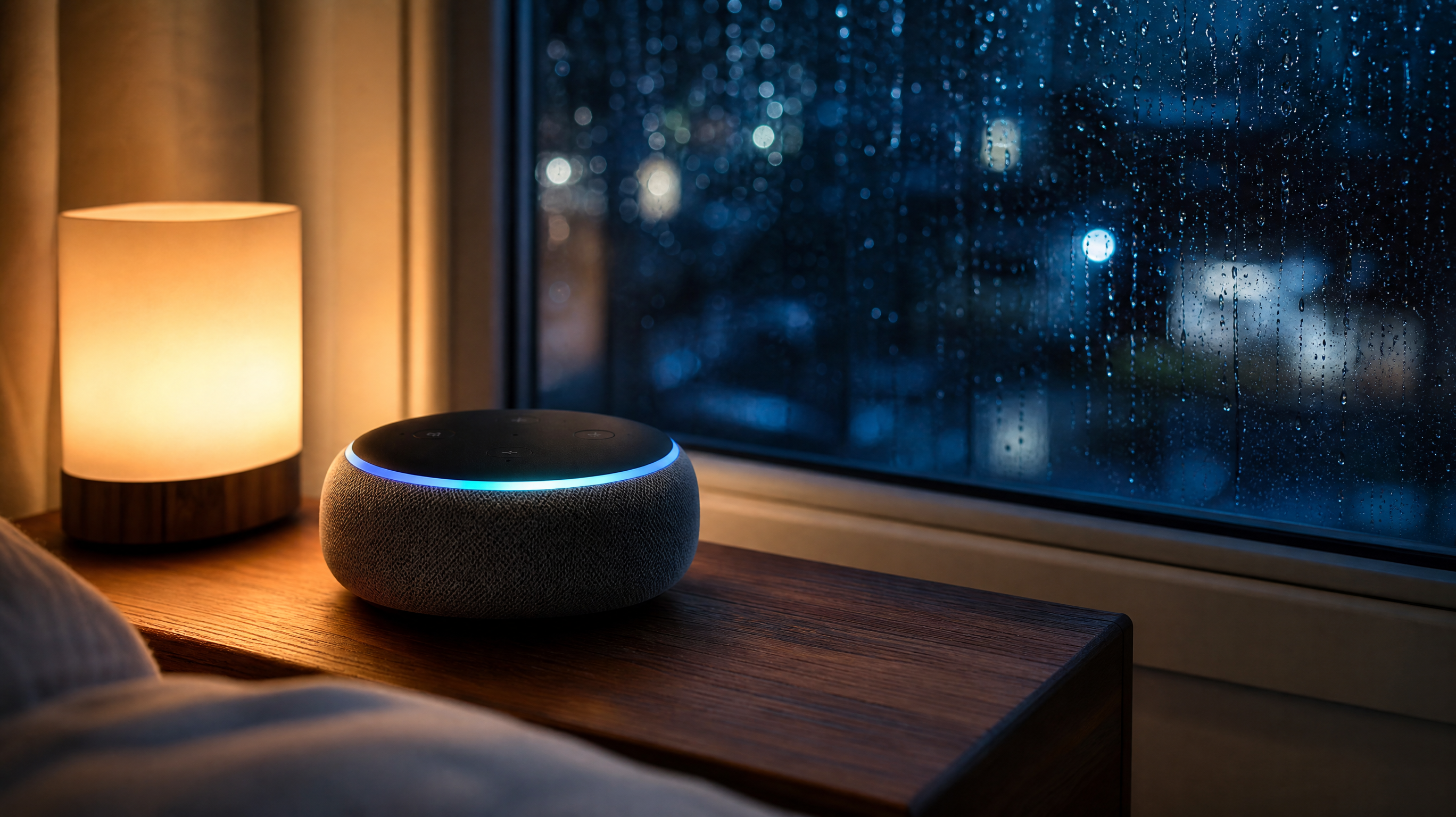 A close-up shot of a sleek, modern smart speaker placed on a wooden bedside table. In the background, out of focus, is a window with raindrops sliding down the glass, reflecting the cool blue tones of a rainy night. A warm, soft glowing night light is next to the speaker. Cozy, cinematic, relaxing vibe, highly detailed, 8k.