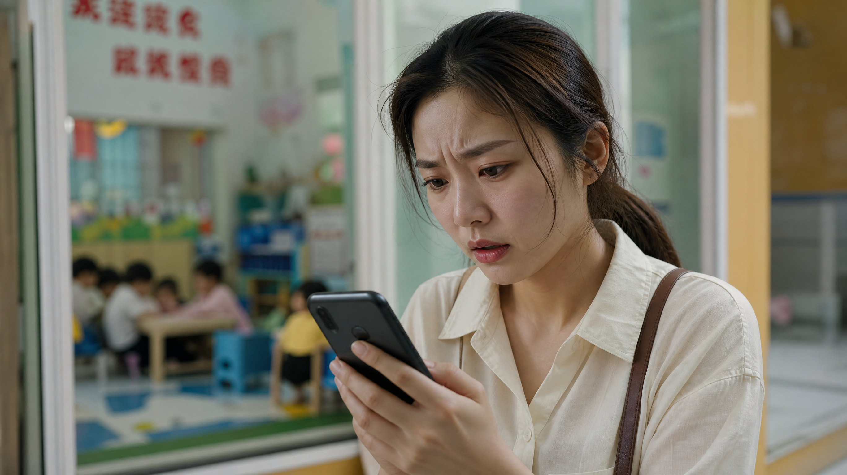 A high-quality, realistic photo of a young Chinese mother looking anxious while checking her smartphone, with a blurred background of a kindergarten classroom. Soft natural lighting, cinematic composition, emotional, 8k resolution, photorealistic. --ar 3:4