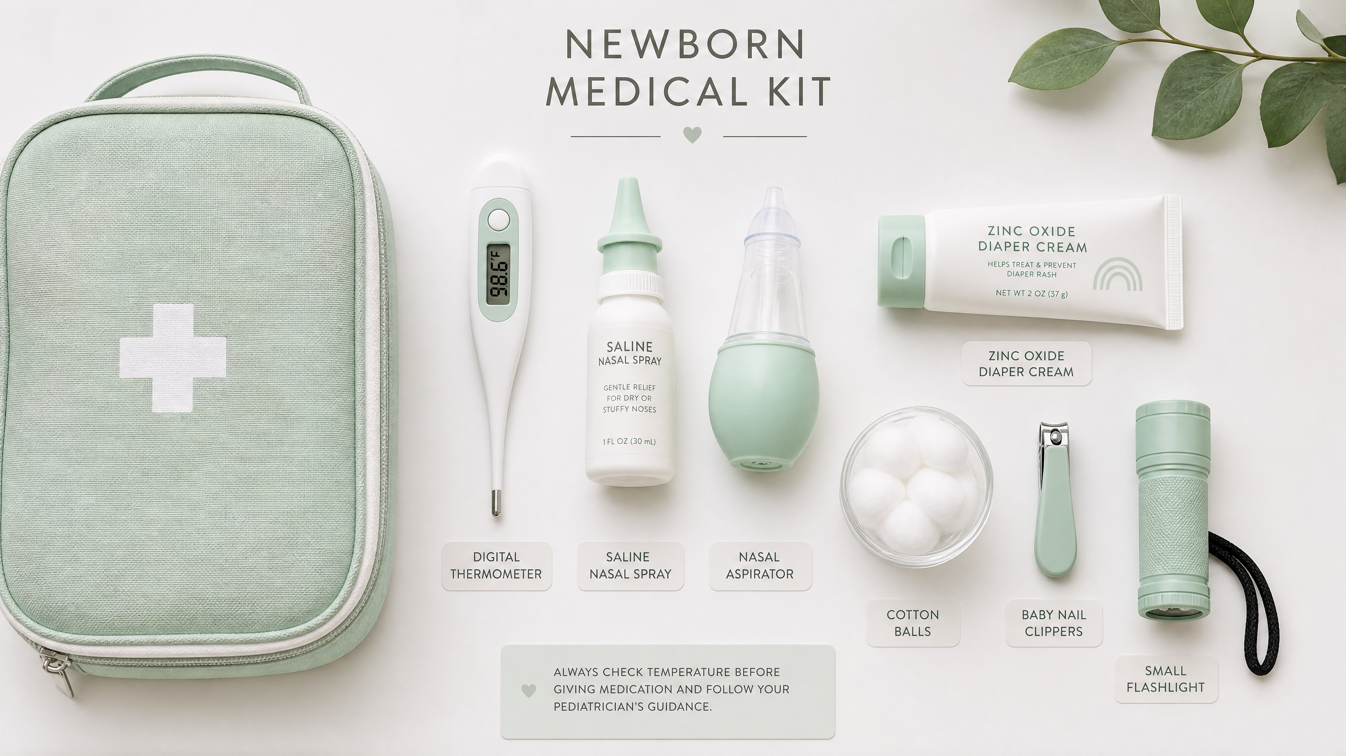 A flat lay top-down view of a well-organized newborn medical kit on a clean white background with mint green accents. The kit includes a digital thermometer, saline nasal spray, a nasal aspirator, zinc oxide diaper cream, cotton balls, baby nail clippers, and a small flashlight. Neatly arranged with small minimalist labels. Bright, soft, and natural lighting, high resolution, photorealistic, minimalist lifestyle photography.