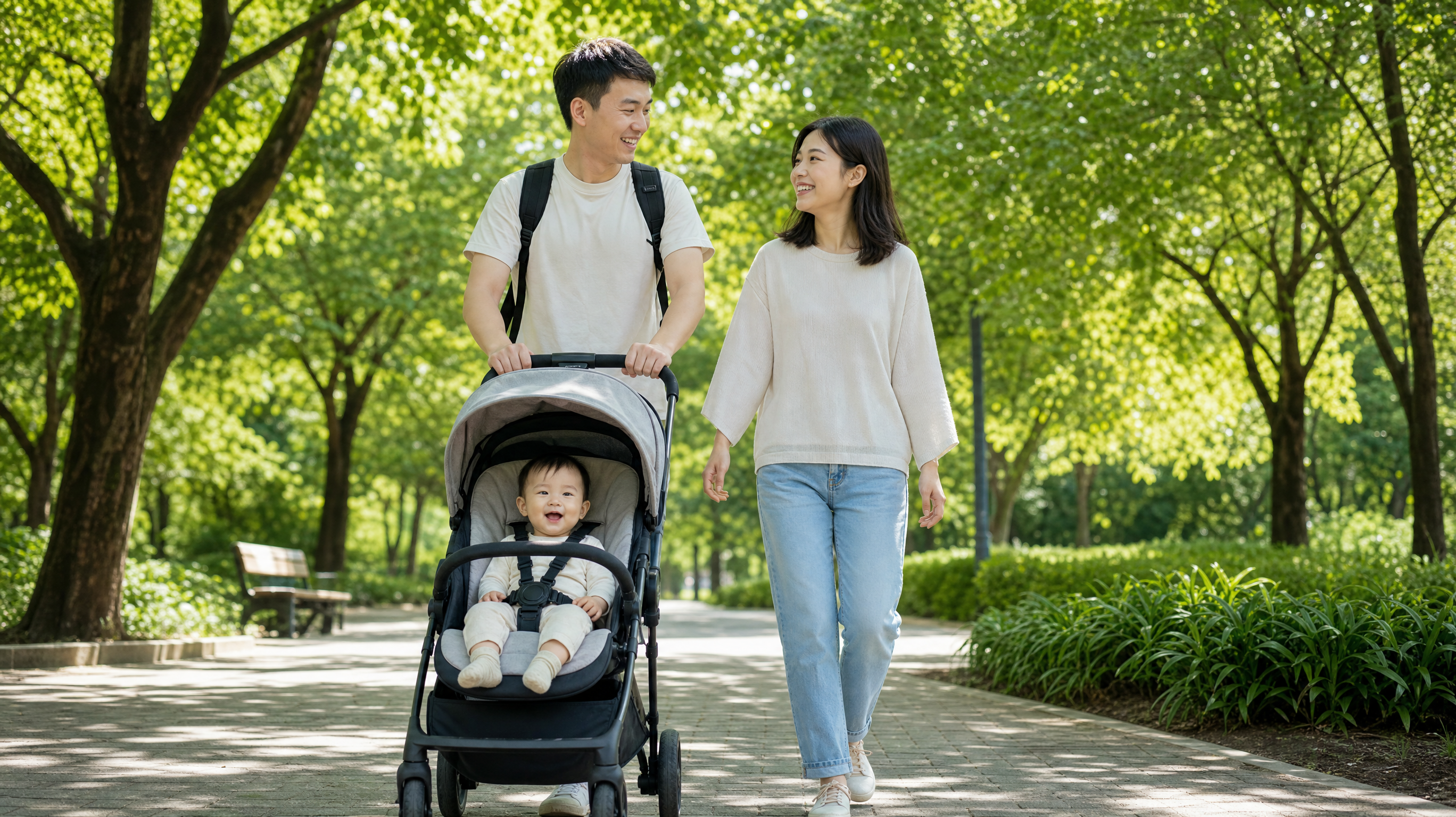 A happy young Chinese couple walking in a shaded park in summer. The father is carrying a small, lightweight backpack and pushing a baby stroller. The mother is walking beside them, looking relaxed and smiling. Dappled sunlight through green trees. Fresh, airy, joyful parenting lifestyle, high resolution, photorealistic, 8k --ar 3:4