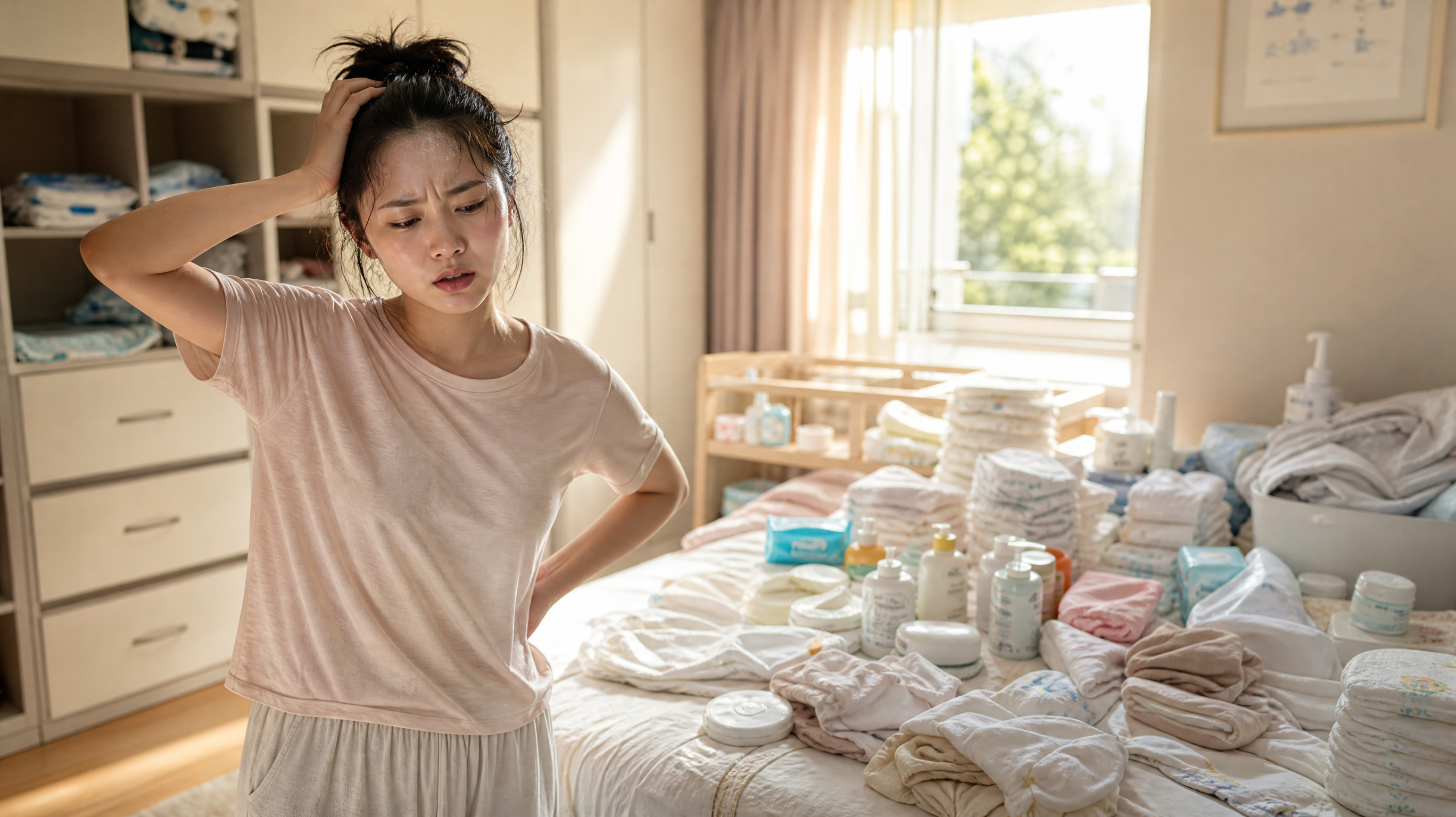 A realistic photography of a young Chinese mother looking frustrated and sweating slightly, standing in front of a bed covered with too many baby products (diapers, bottles, clothes, wipes). Summer sunlight streaming through the window. Cinematic lighting, high resolution, soft warm tones, relatable parenting moment, 8k, photorealistic --ar 3:4