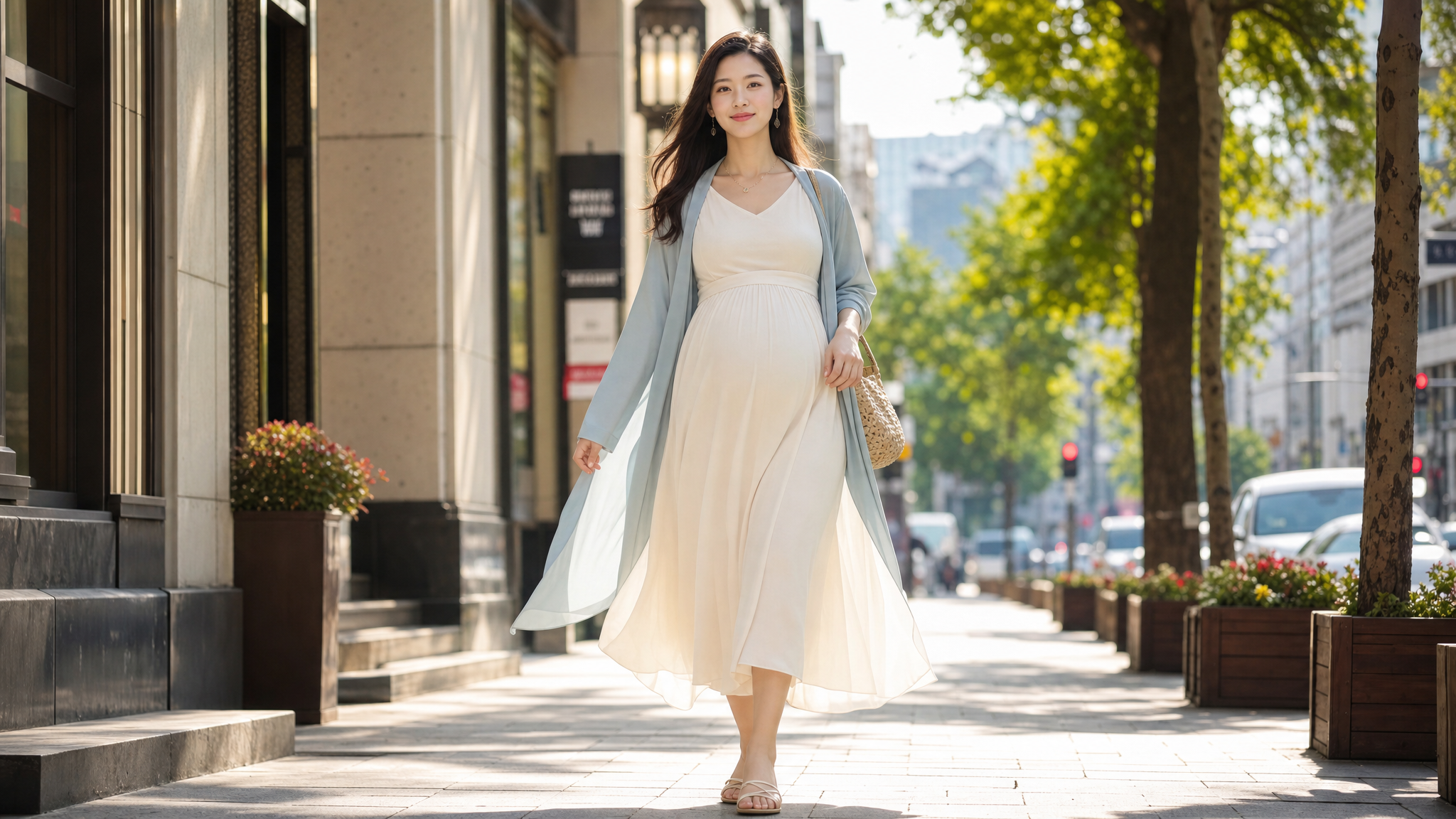 A beautiful Chinese pregnant woman walking on a sunlit city street, wearing a creamy white high-waisted A-line chiffon dress, paired with a light sea-salt blue sun-protection shawl. Elegant and confident posture, soft natural sunlight, cinematic lighting, 8k resolution, photorealistic, fashion photography.