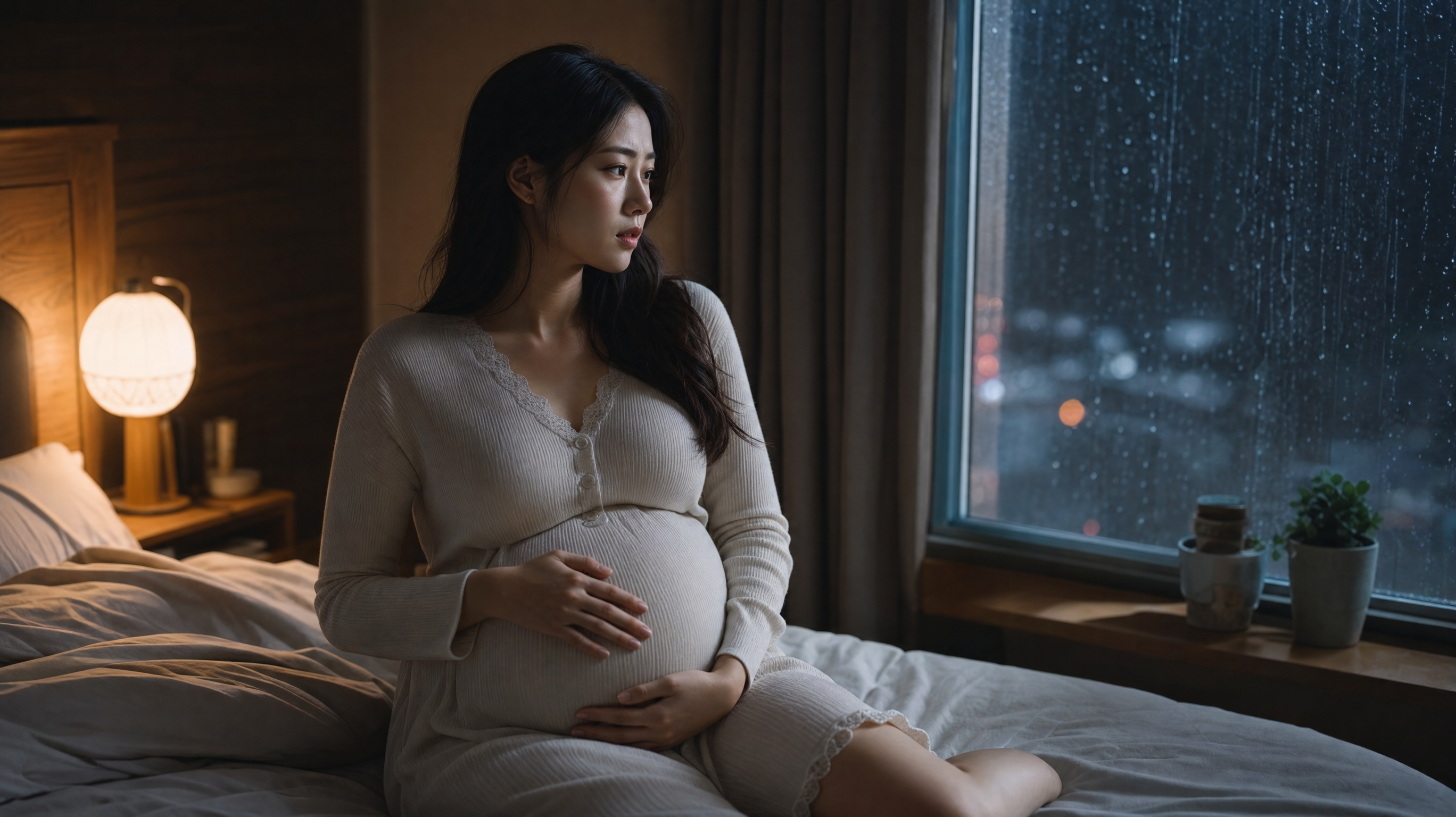 A high-quality photorealistic image of a beautiful young Chinese pregnant woman sitting on a cozy bed in a dimly lit bedroom during a rainy night. She is gently holding her belly with a slightly anxious expression, looking towards the window where rain is falling. Soft warm indoor lighting contrasting with cool blue/gray tones from the window. Cinematic lighting, 8k resolution, highly detailed.