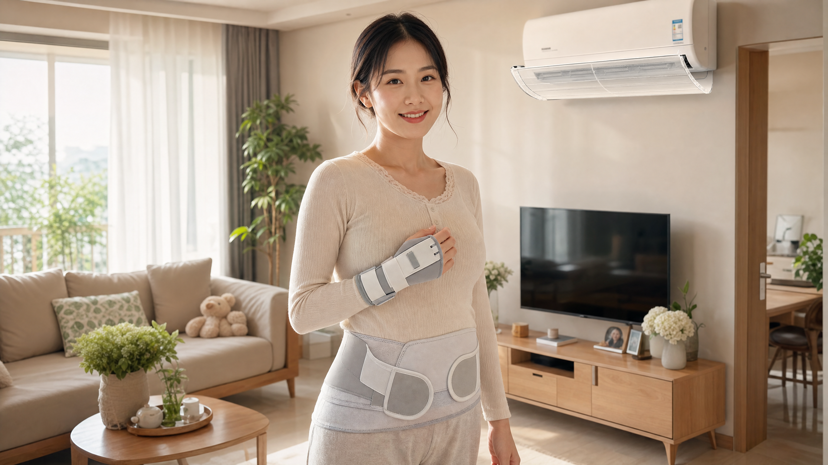 A cheerful young Chinese mother standing in a cozy, well-lit modern living room, wearing a professional thumb splint/brace on her wrist and a pelvic support belt over comfortable thin long-sleeved loungewear. The room has an air conditioner with a wind deflector. Soft natural sunlight, warm and healing atmosphere, photorealistic, high quality, 8k.