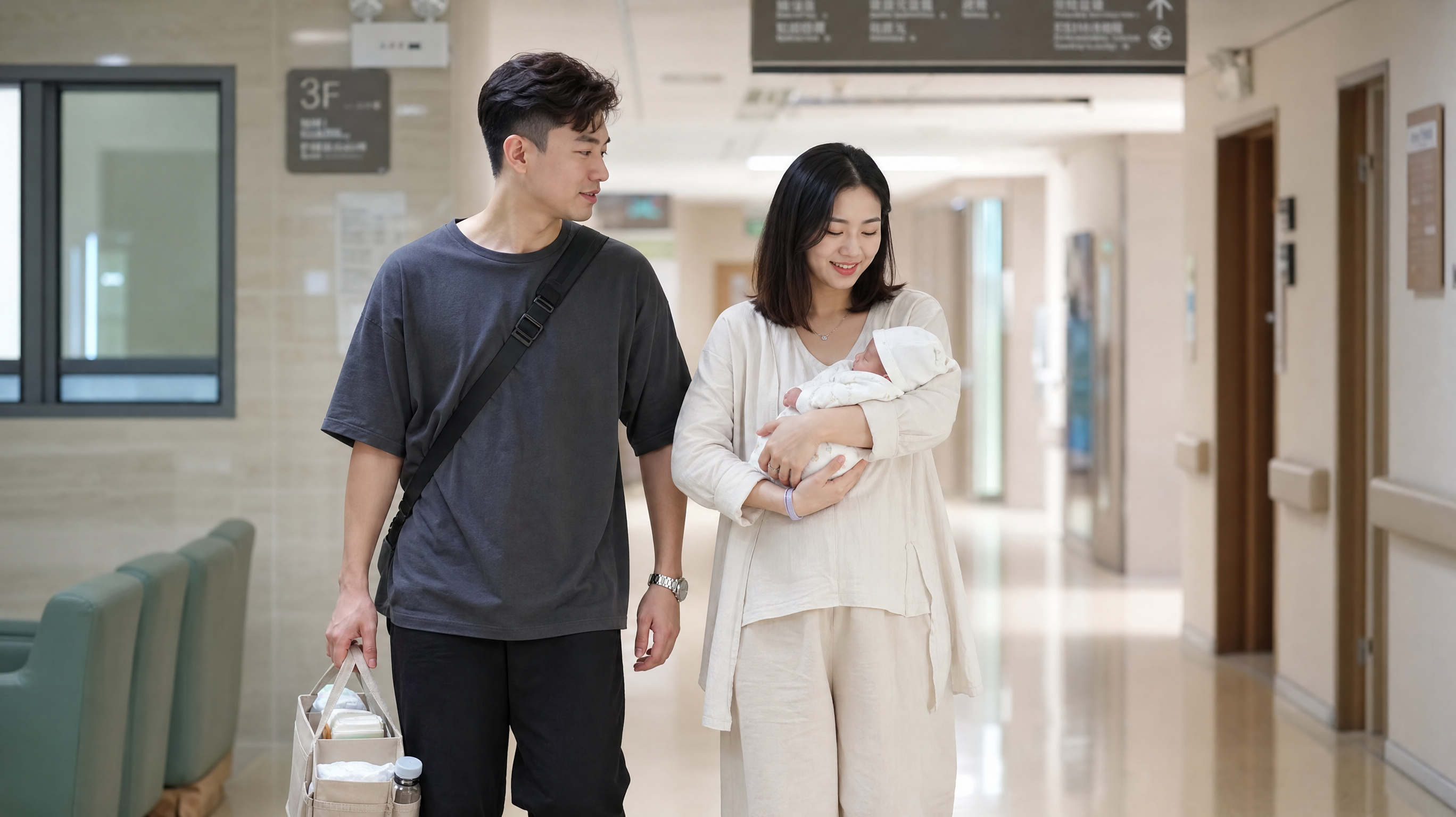 A heartwarming photo of a young Chinese couple walking in a modern hospital corridor. The handsome father is wearing a crossbody bag and carrying a small organized tote bag, looking confident. The beautiful mother is comfortably holding a sleeping baby in her arms, looking relaxed and smiling. Soft natural light, realistic, 8k, highly detailed.